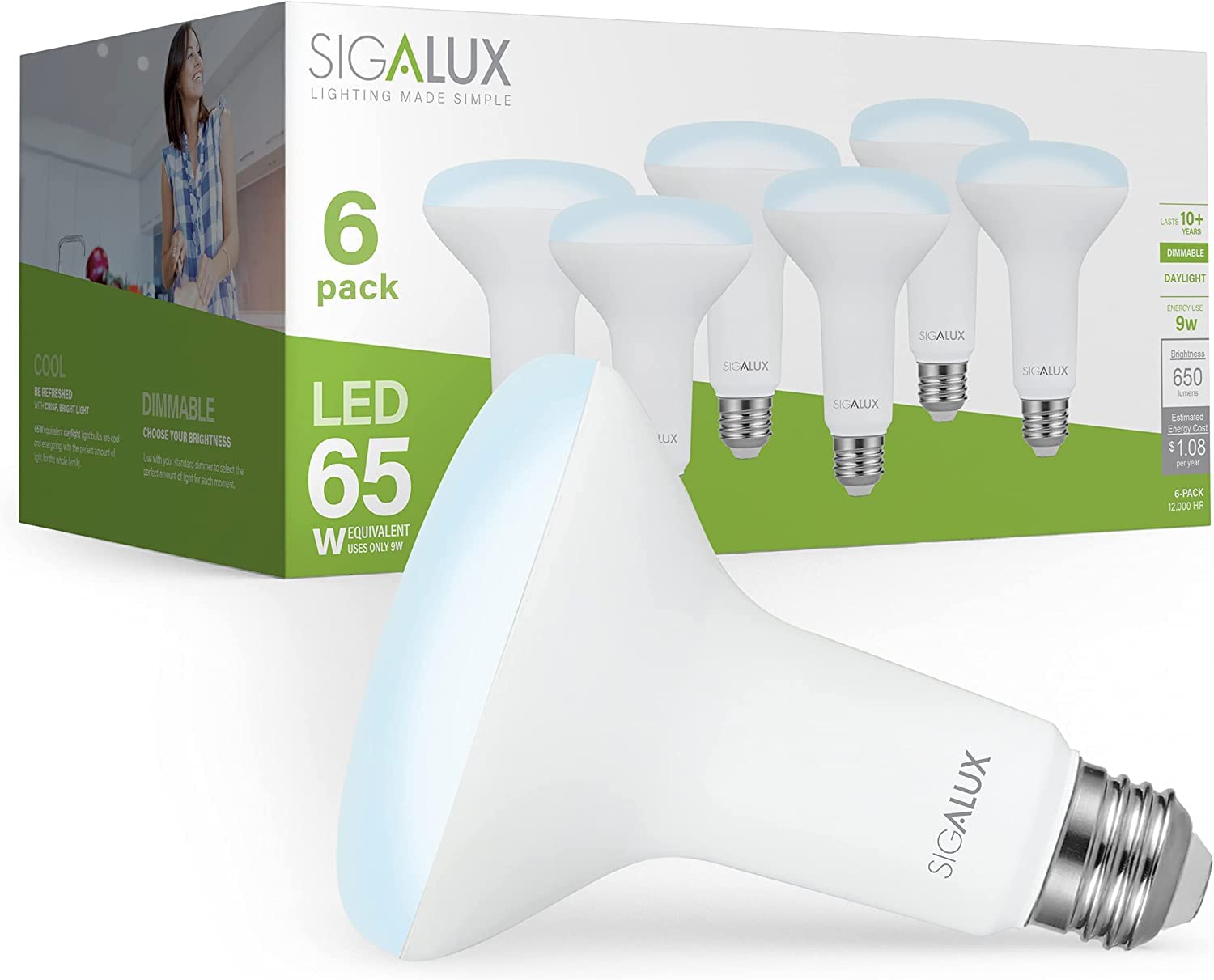 Sigalux LED Flood Lights Indoor, BR30 LED Bulb 65W Equivalent, Dimmable Recessed Light Bulbs 5000K Daylight Can Light Bulbs 650LM, E26 Base Bulged Light Bulbs UL Listed, Pack of 6