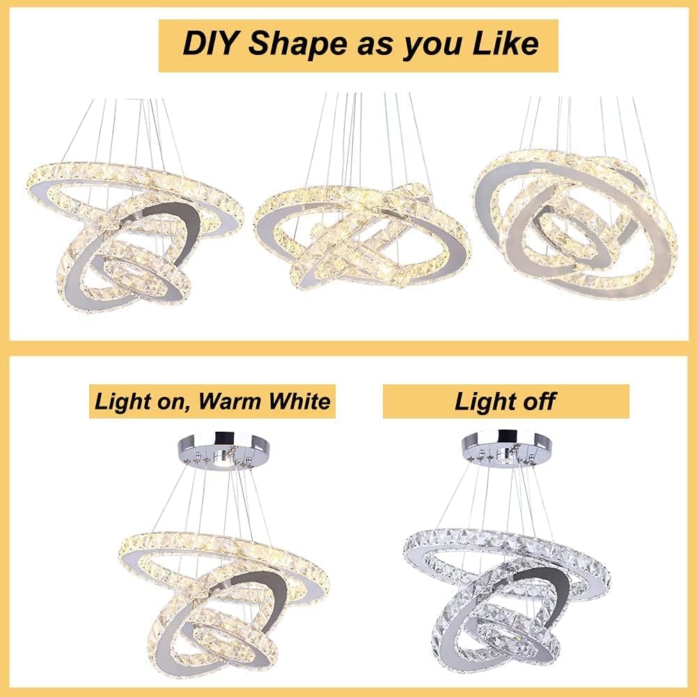 Cainjiazh Modern LED Crystal Chandelier Pendant Light, 3 Ring, Warm Light, Stainless Steel, Model US-234-MP004, for Living Room, Dining Room