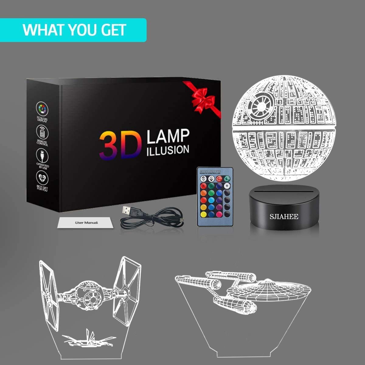 SJIAHEE 3D Star Wars Lamp - Remote Control, 16 Color Changing, Acrylic, Black, Model 1101