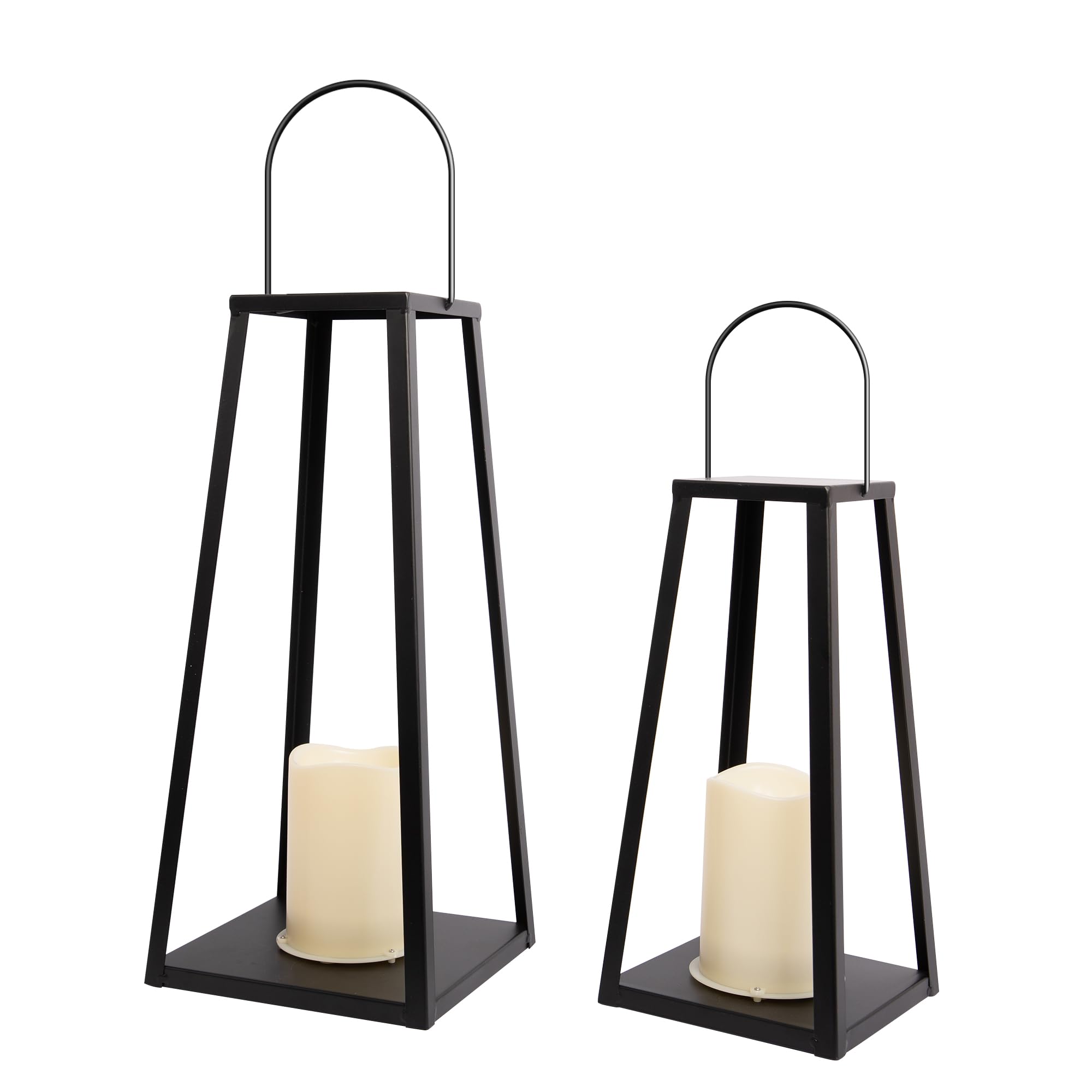 HPC Decor 2PCS Solar Lanterns for Outdoor Decor-20in 15.6in Black Metal Candle Lanterns w/ Waterproof Solar Powered Candles- Mod