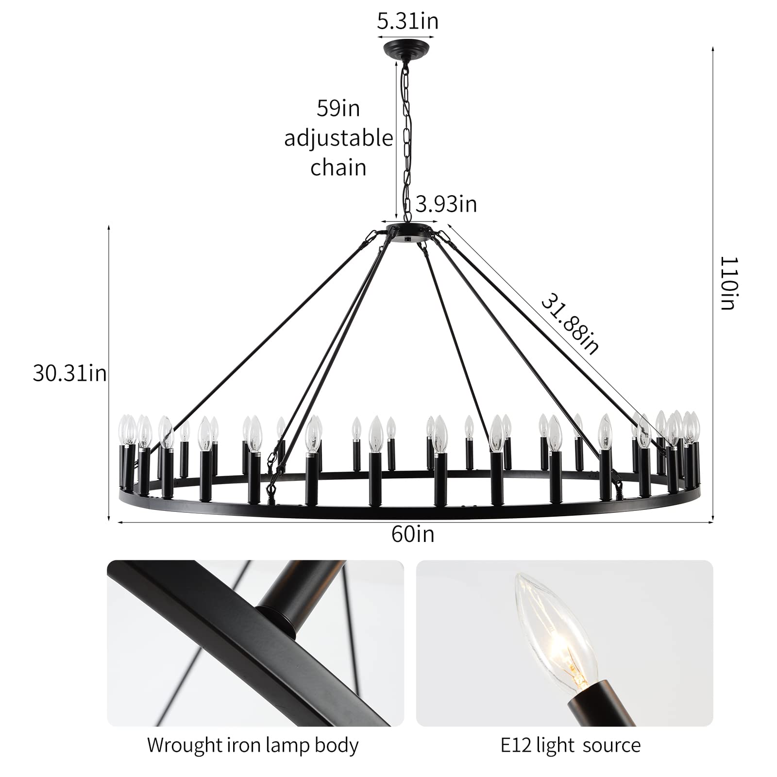 Wogon Weel 36-Light Wagon Wheel Chandelier, 60-Inch Rustic Pendant Lighting For High Ceilings