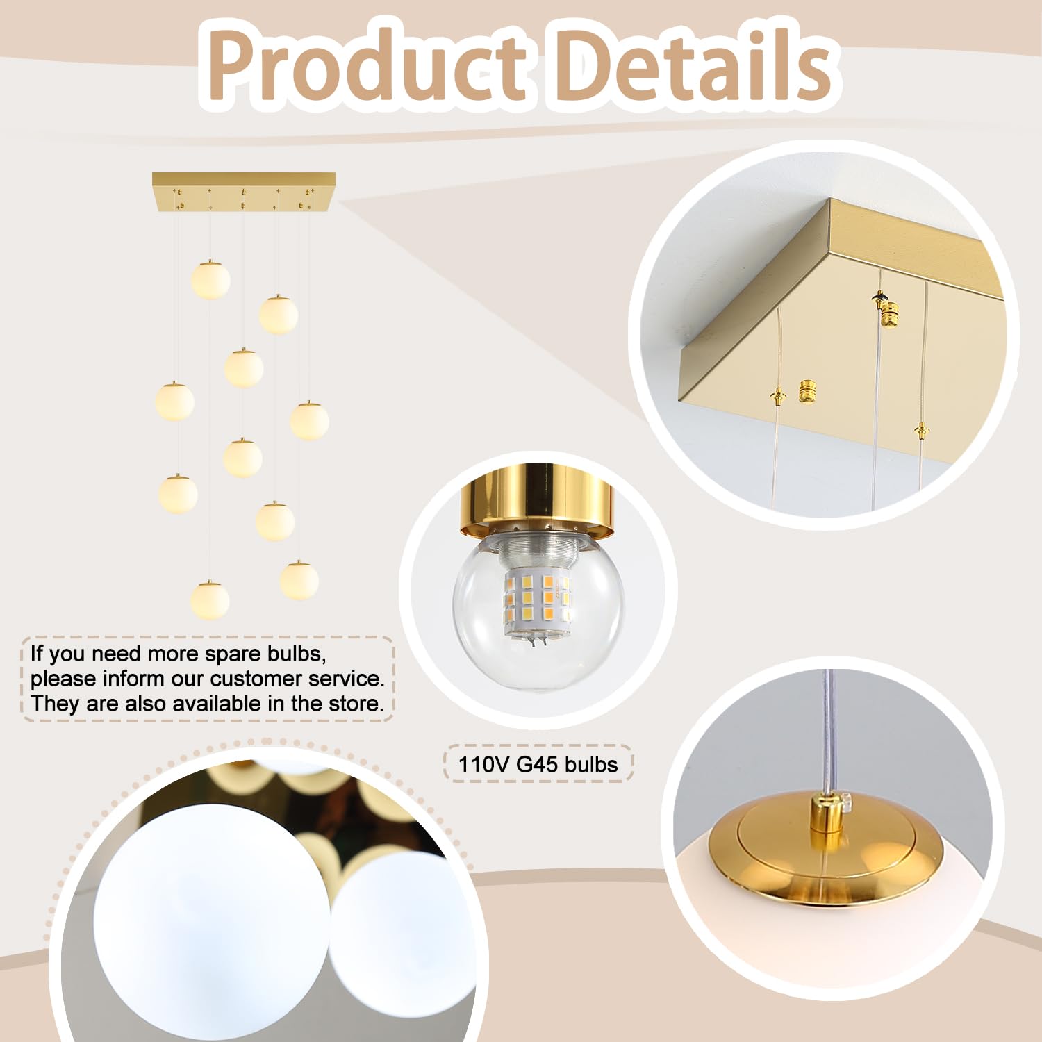 10-Lights Globe Chandelier Gold Pendant Lighting Fixture Hanging Ceiling Light For Dining Room, Kitchen Island,High Ceiling Chan