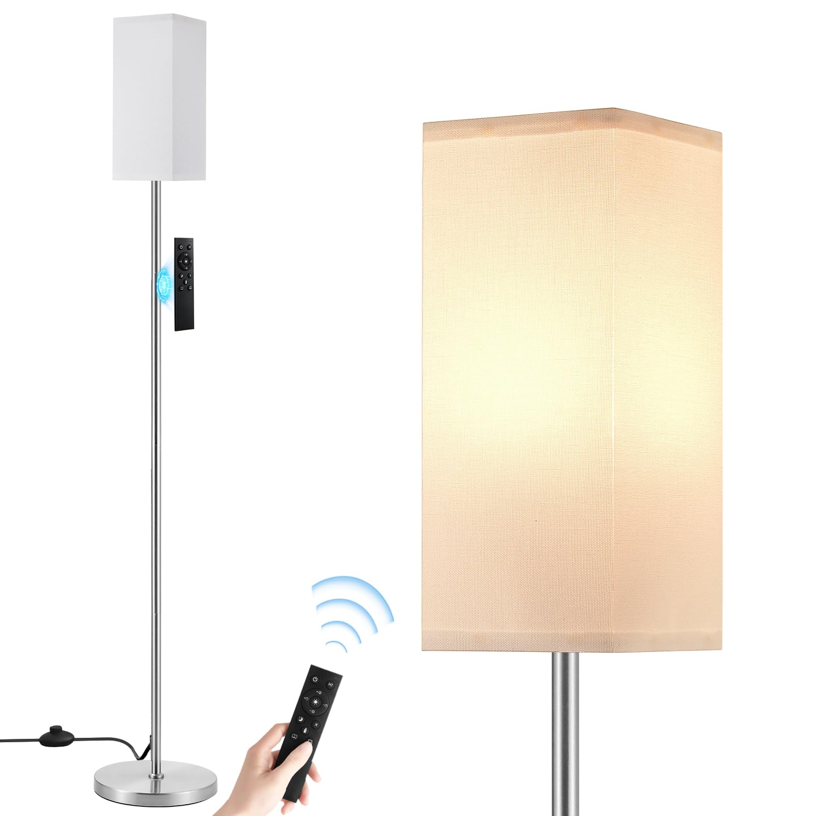 Ambimall Remote Control Floor Lamp, Stepless Dimmable, 64.57in Tall, Metal, White & Silver