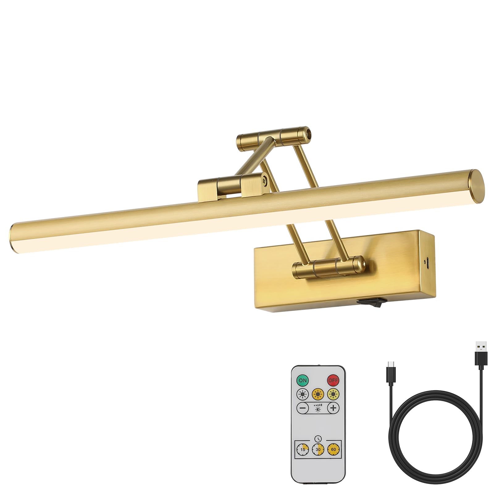 Joossnwell Wireless Picture Light Battery Operated With Remote Led Art Lights For Paintings Rechargeable Dimmable And Timer 15.5 Inch Brass Picture Lights For Wall Gallery Light Library Light