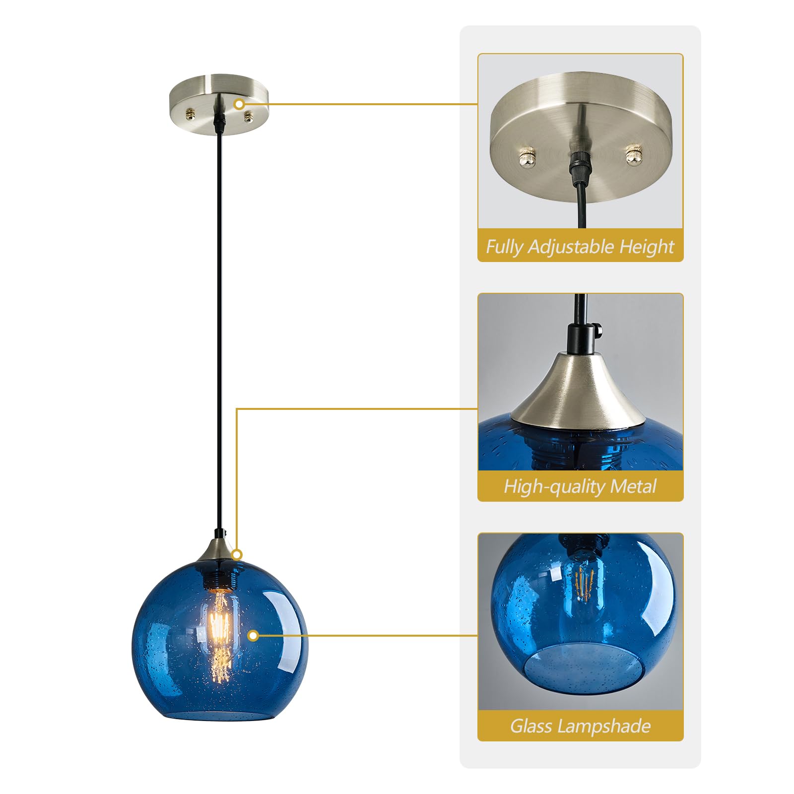 Lbsqj Blue Glass Pendant Lights Kitchen Island Lighting Globe Pendant Light Fixtures Modern Pendant Lighting For Kitchen Island Bedroom Living Dining Room Light Fixture(7.87In  1-Pack)