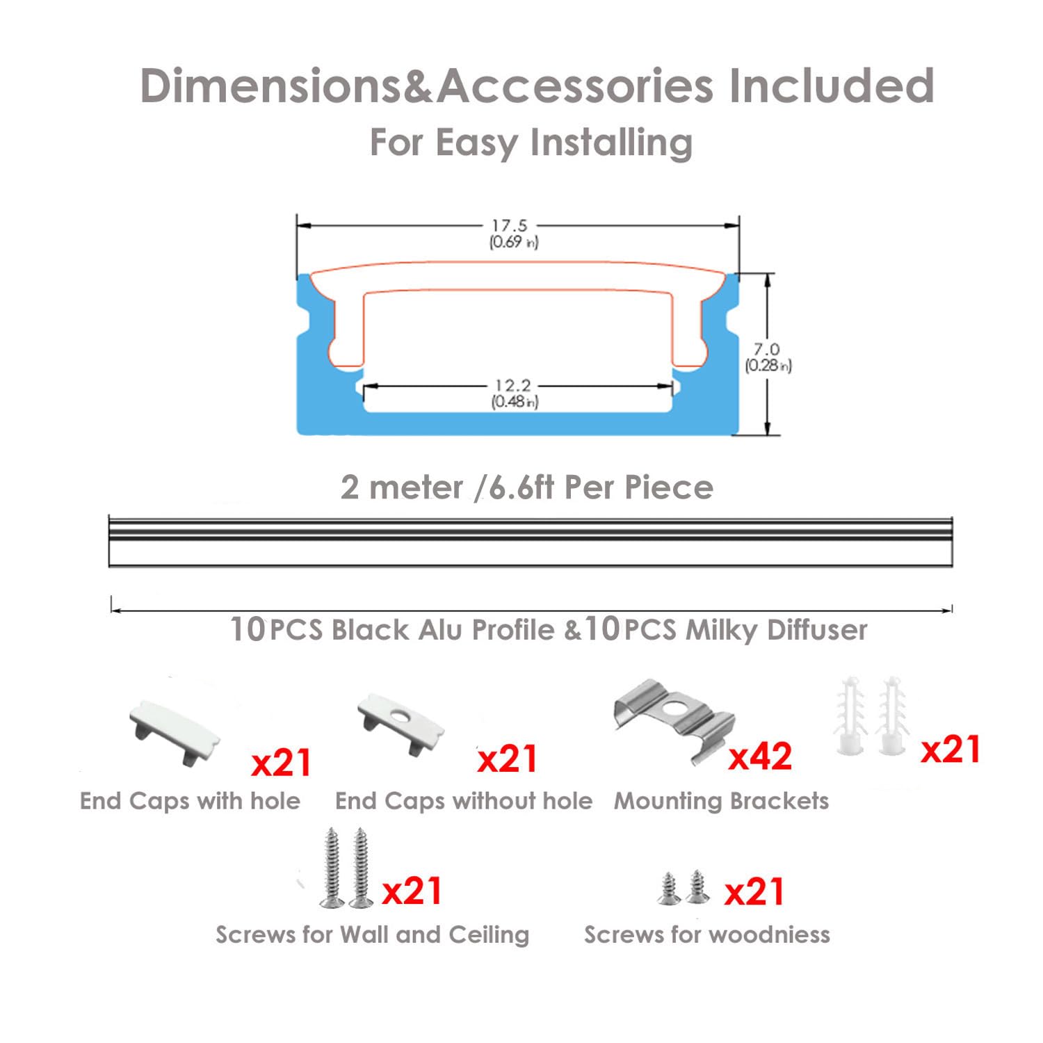 Besseto 10-Pack 6.6ft White LED Aluminum Channel, Strip Light Diffuser, Model DK1707