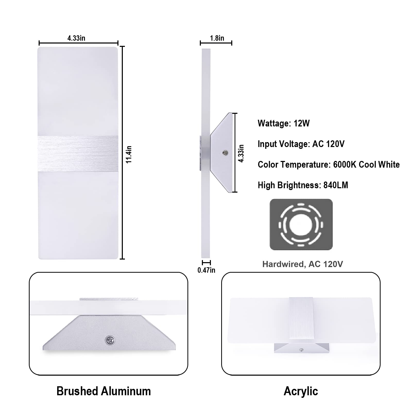 TRLIFE Modern Wall Sconces Set of 2, Dimmable 12W 6000K Cool White Hardwired Lighting, Silver Brushed Aluminum for Bedroom & Living Room