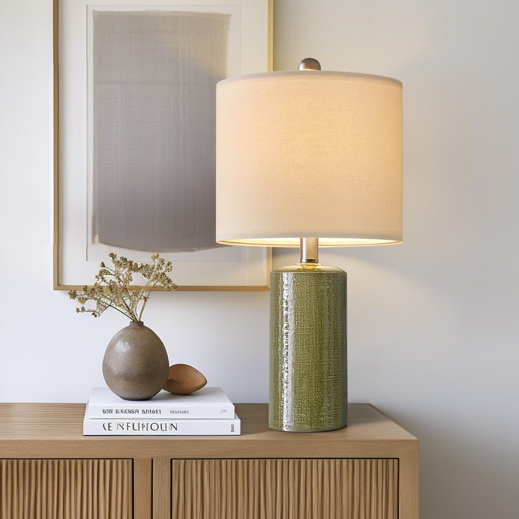 G-SAFAVA Small Ceramic Nightstand Table Lamp, 20.25" Green, Modern Farmhouse Boho Style for Bedroom and Living Room
