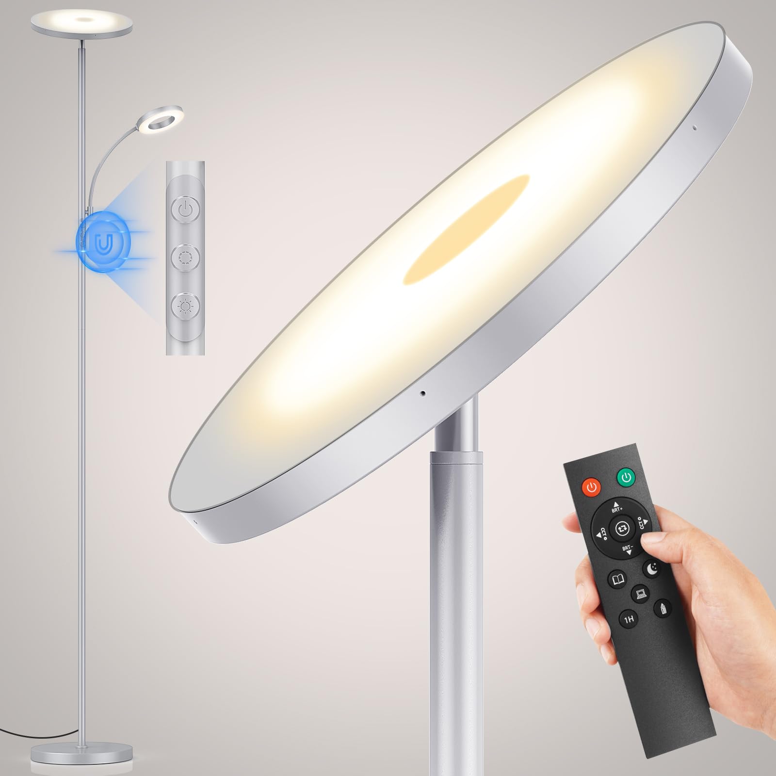 Marctronic Silver Gray Floor Lamp, 42W 4000Lm Super Bright Led Lamp With Reading Light For Living Room Bedroom Office, Dimmable 
