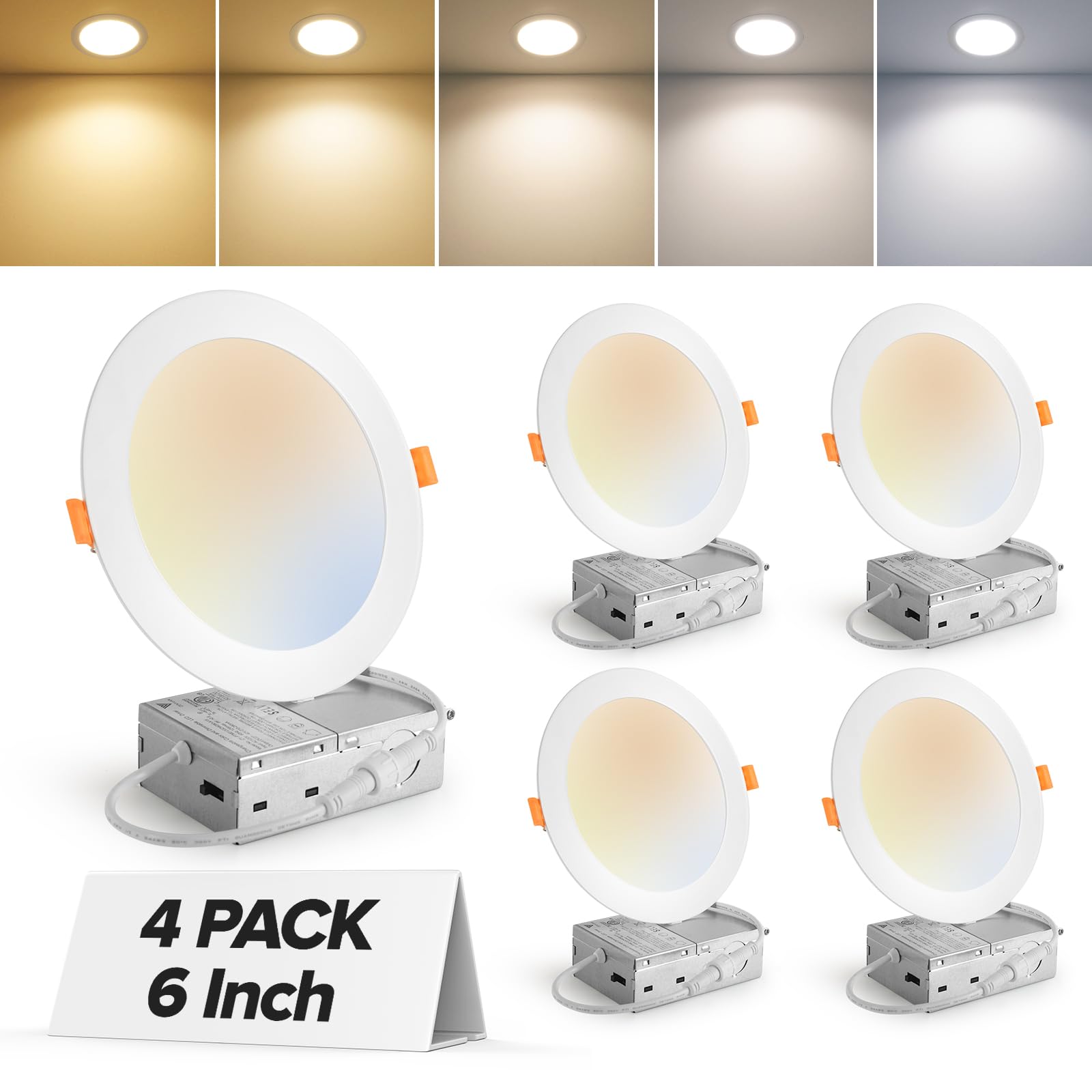 Mailcos 4 Pack 6 Inch 5Cct Ultra-Thin Led Recessed Ceiling Light With Junction Box, 2700K-5000K Selectable, 1050Lm High Brightness, Dimmable Canless Wafer Downlight, 12W 120V, Etl