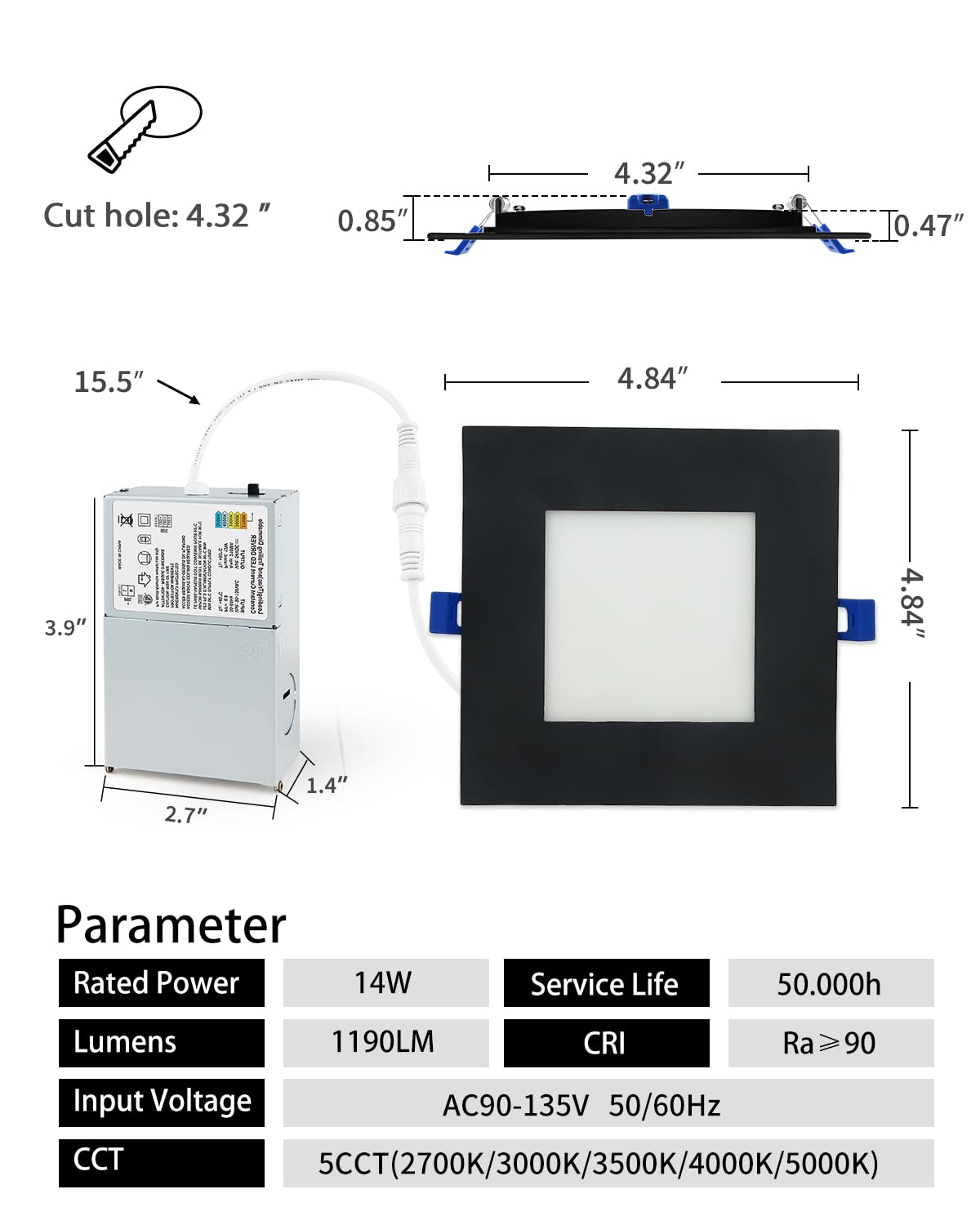 Adetu 4 Inch Square Led Recessed Lighting Black 5Cct Ultra Thin Square Led Ceiling Light With Junction Box 2700K-5000K  10W 860Lm Can-reduceer Wafer Downlight Etl And Energy Star Certified