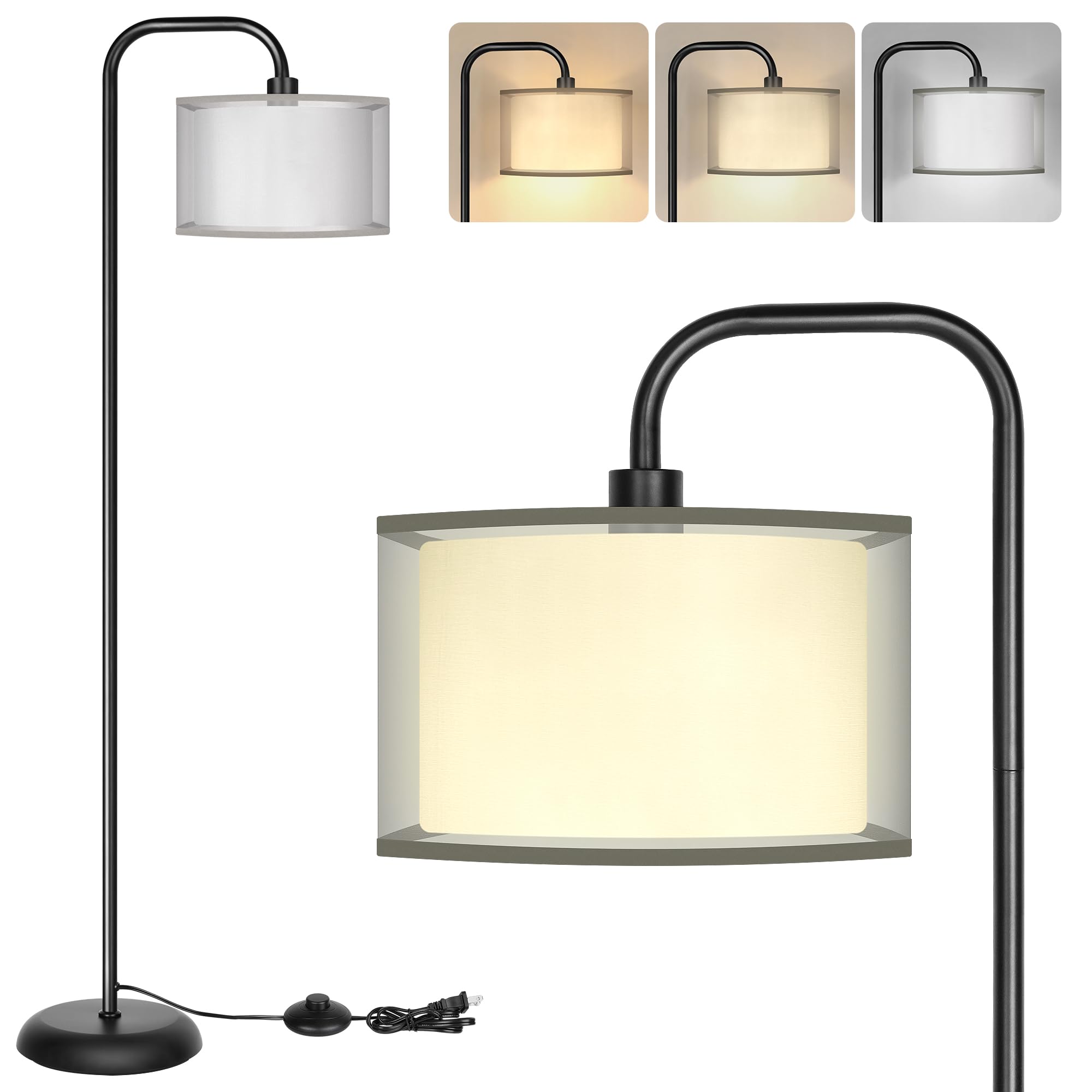 PARTPHONER LED Floor Lamp for Living Room, Modern Standing Lamp with Foot Switch Grey Organza Fabric Shade Tall Pole Reading Lam