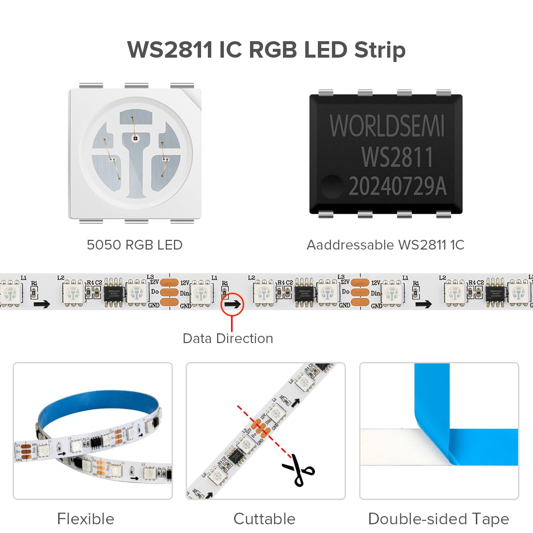 BTF-LIGHTING WS2811 RGB Addressable LED Strip 16.4FT 30LED/m White PCB Flexible DC12V Chasing Effect