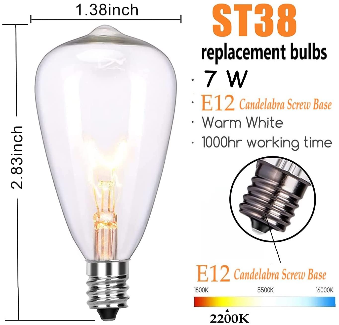 Abeja 10-Pack ST38 7W Clear Glass Edison Replacement Bulbs, E12 Candelabra Base, Warm White for Outdoor Patio String Lights