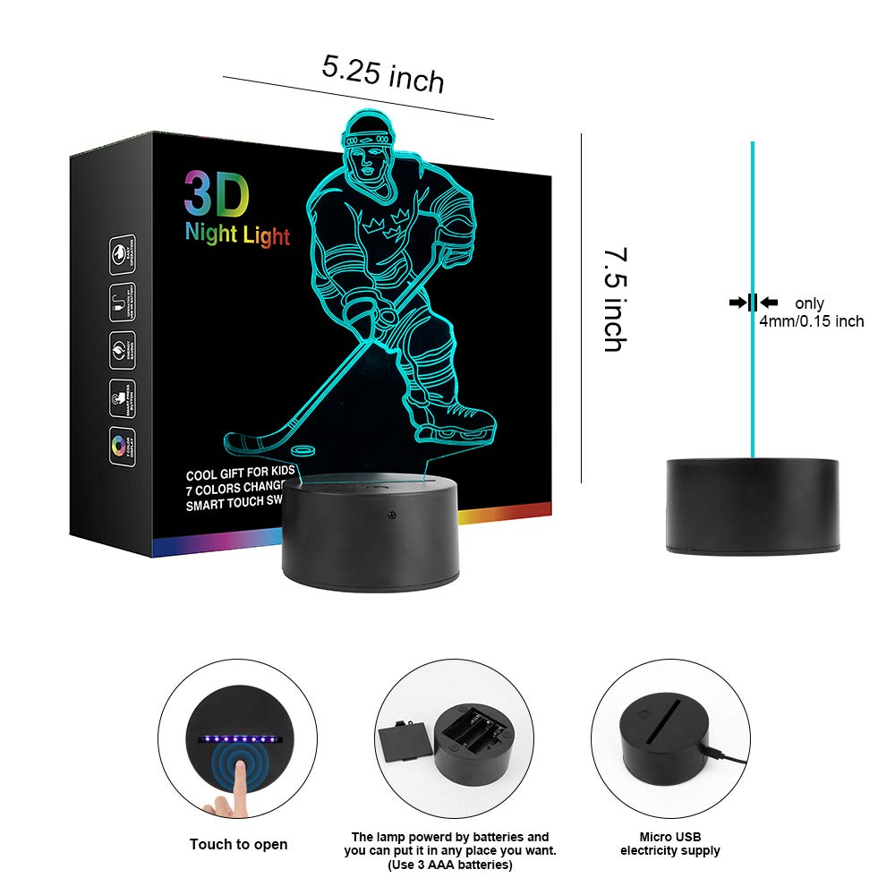 Wiscky Hockey Player 3D Night Light - 7 Led Color Changing Touch Lamp, Cool Sports Gift, Model 6441567567935, Color: Hockey 2