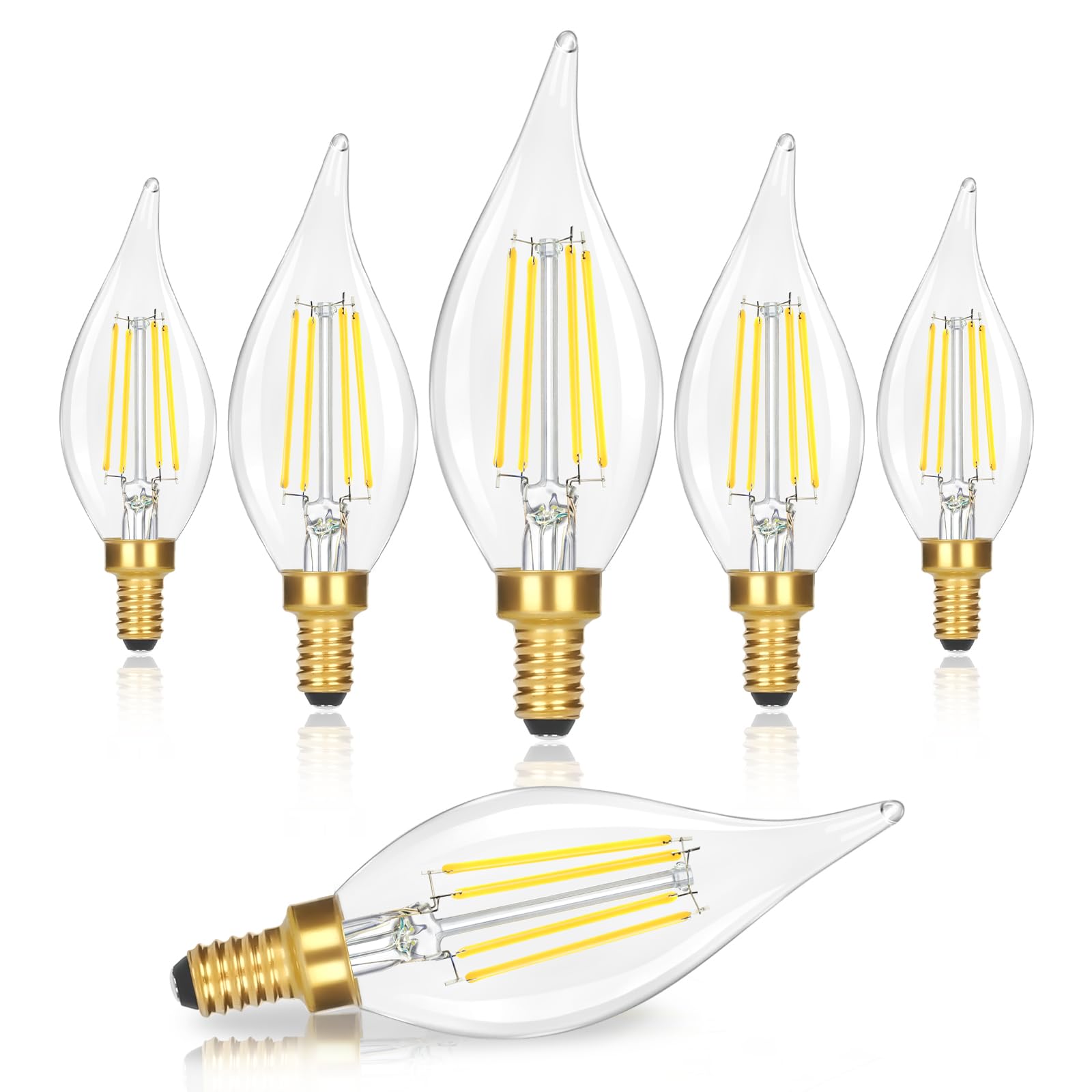 E12 LED Candelabra Bulbs 40 Watt Equivalent, 6-Pack 4W 460LM Dimmable LED Candle Light Bulbs, 5000K Daylight White Chandelier Light Bulbs, Flame Tip CA10 LED Bulb for Ceiling Fan, Home Decor