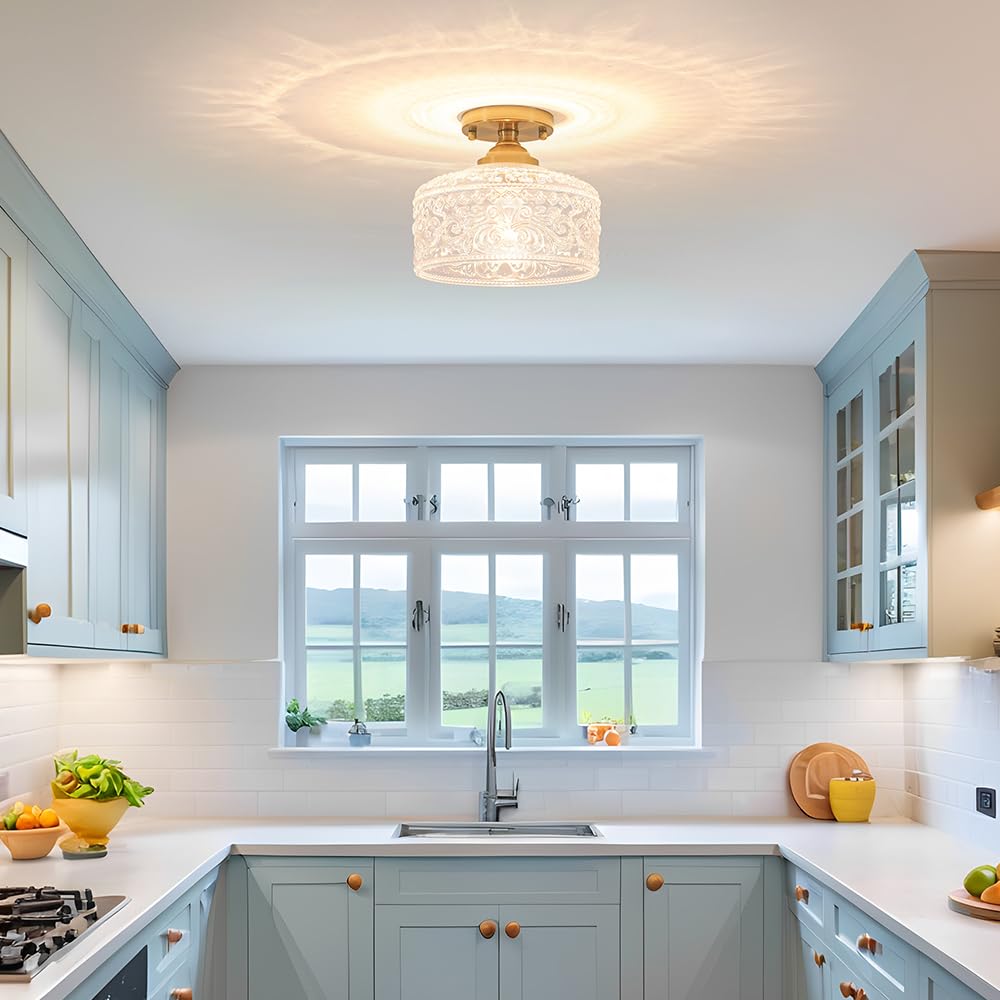 Gold Semi Flush Mount Ceiling Light  Antique Brass Ceiling Light With Glass  Indoor Close To Ceiling Light Fixture  Entryway Light Fixtures  Overhead Lighting For Hallway Kitchen Bedroom Dining Room