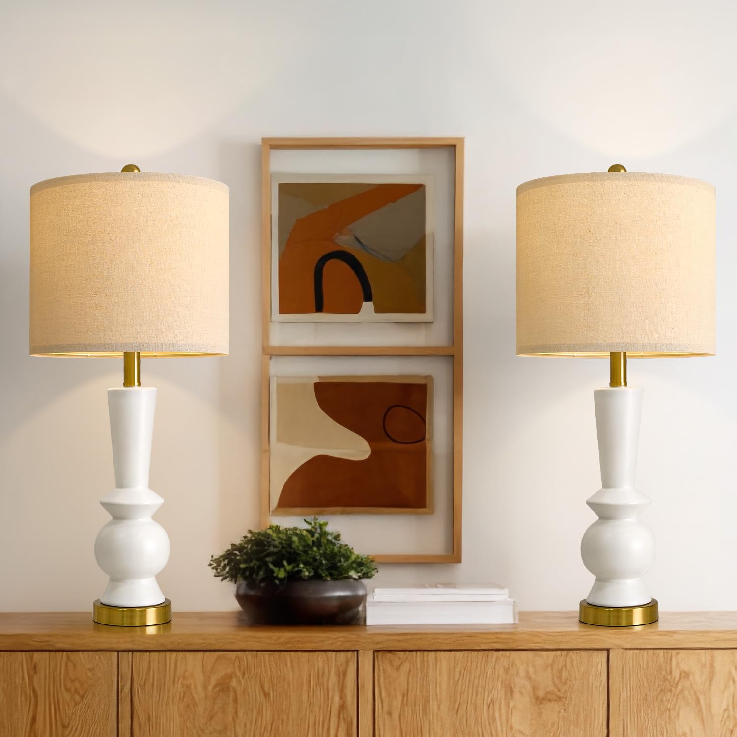 Portres 27'' Modern Ceramic Table Lamp Set Of 2 For Living Room White & Gold Bedside Lamps For Bedroom Nightstand Lamp Tall End 