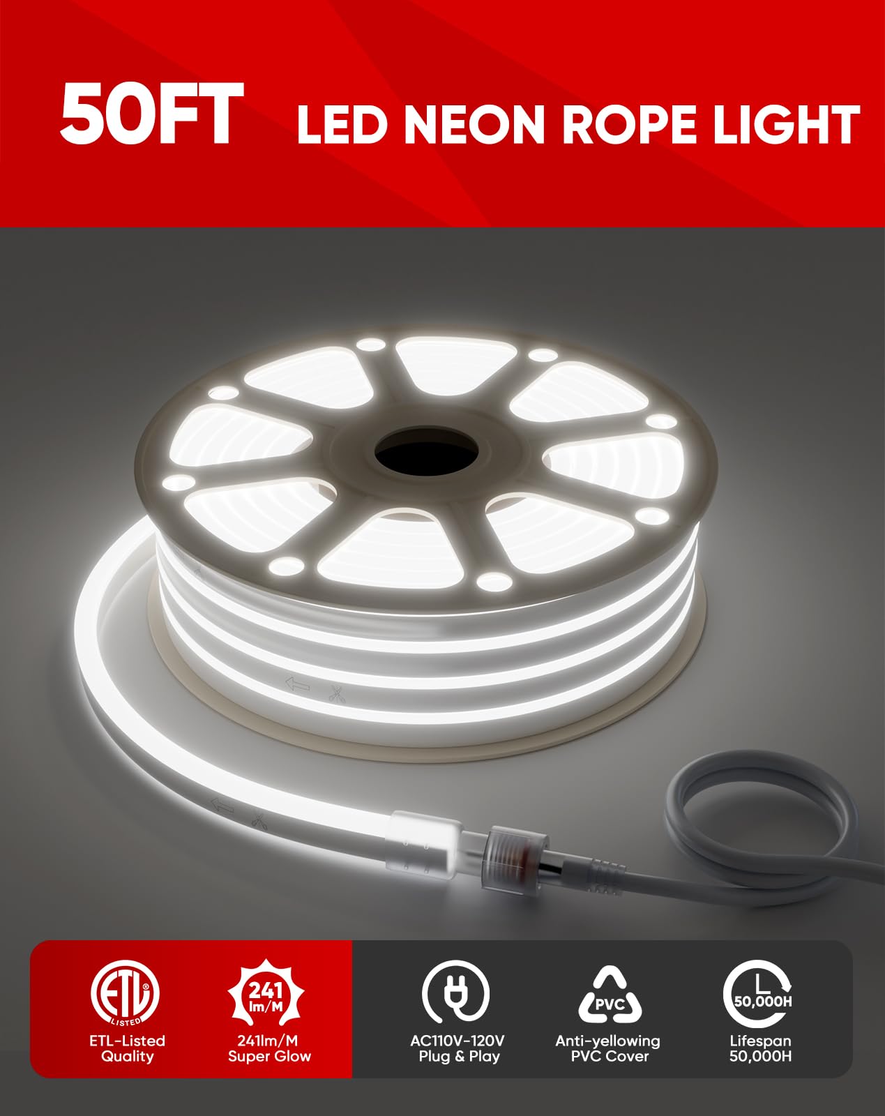 Shine Decor LED Neon Rope Lights 50ft, 6300K Cool White, IP65 Waterproof, Expandable, Cuttable, AC 120V, Model CML-NCW-15M
