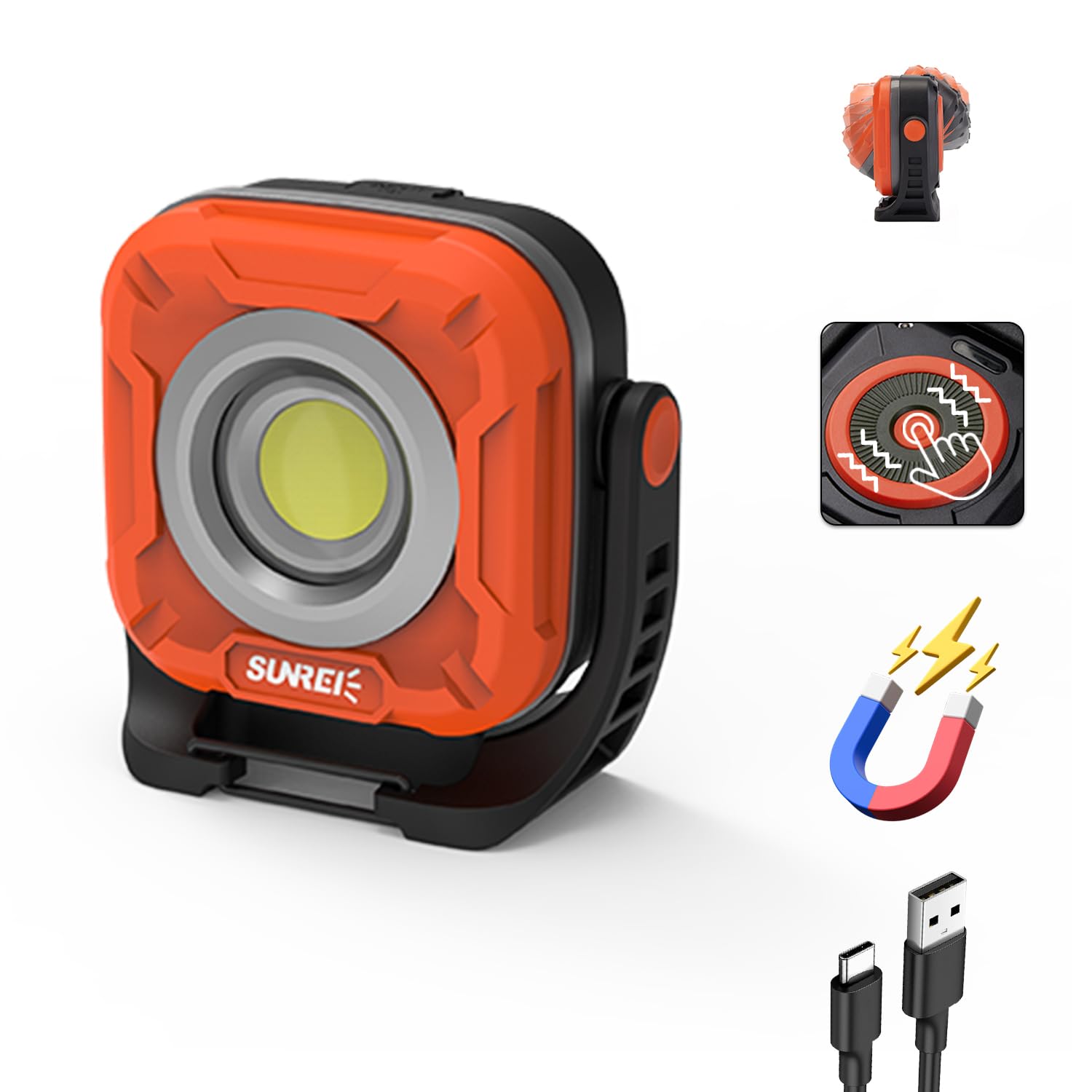 SUNREI 1300LM LED Magnetic Work Light with Stepless Dimming, 7800mAh COB Mechanic Flashlight, IPX65 Recharge Floodlight with Hoo