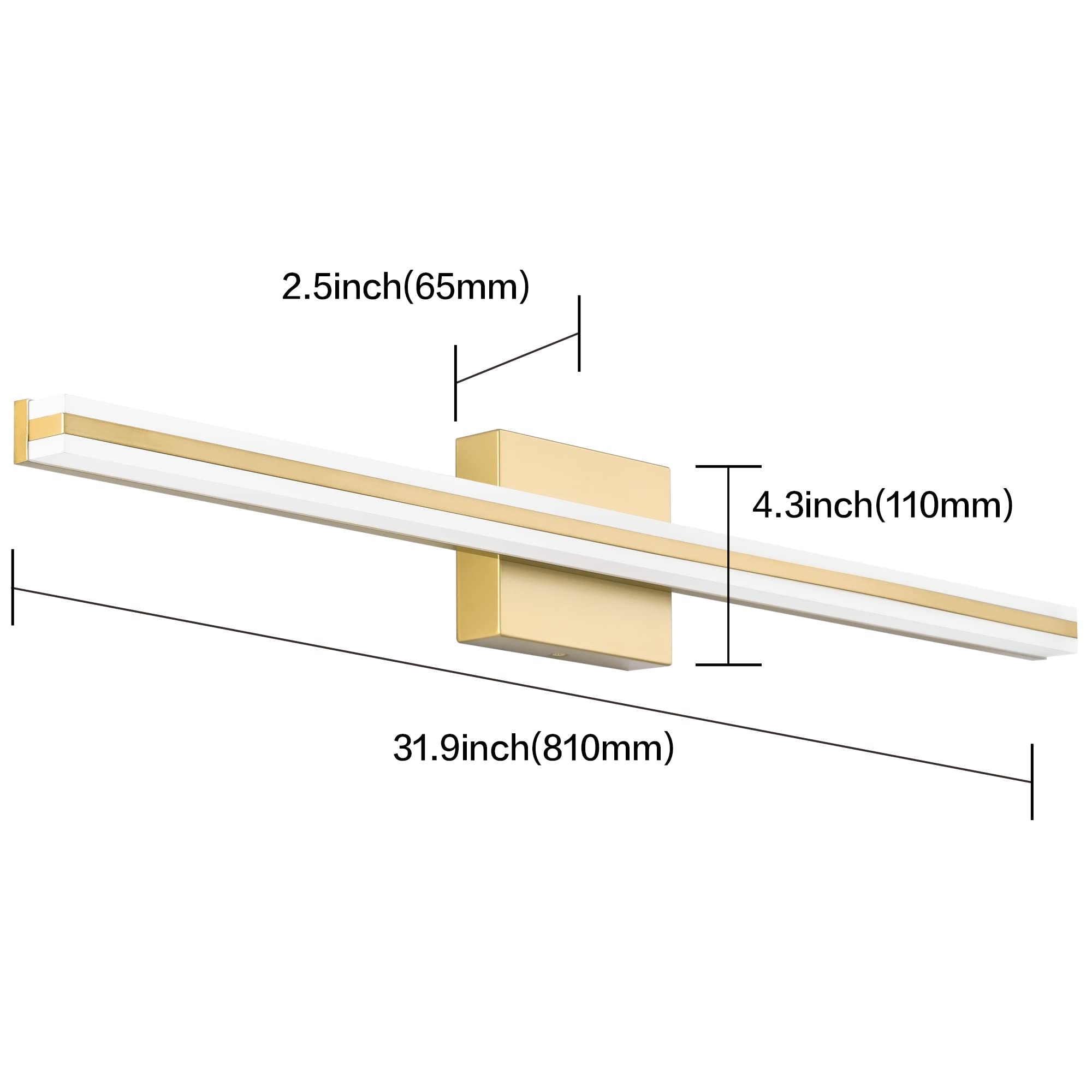 Solfart Dimmable Led Bathroom Vanity Light Fixture 31.9 Inch Golden Aluminum Over Mirror
