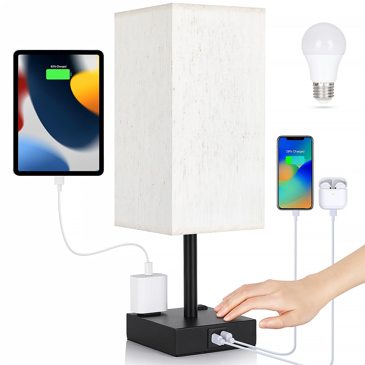 Bedside Table Lamp for Bedroom - Touch Small Lamp with USB C+A Charging Ports & AC Outlets, 3 Way Dimmable Nightstand Light for 
