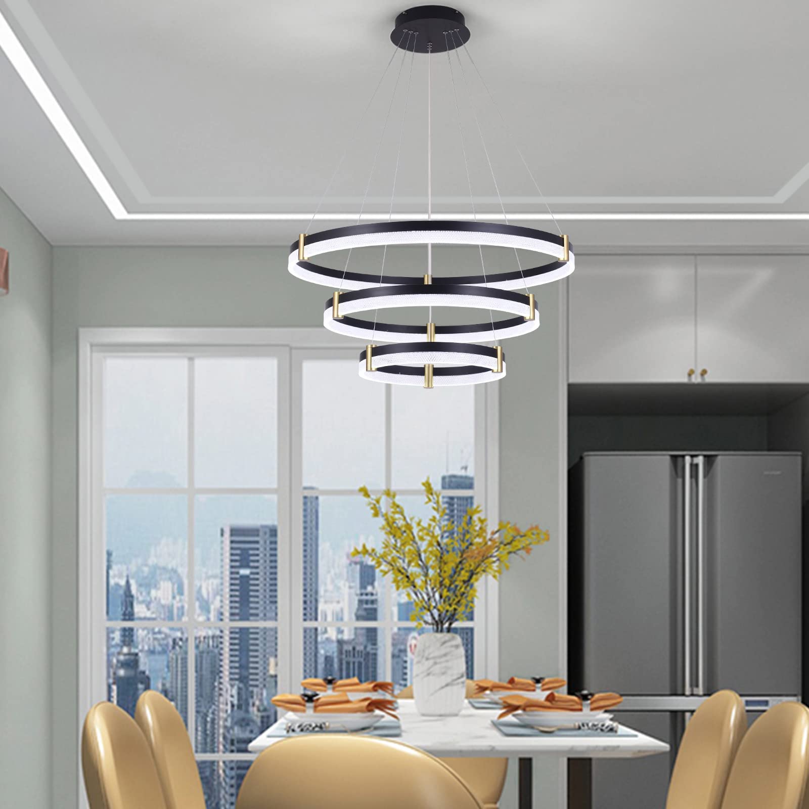 Siittoo Modern Crystal Chandelier Light Fixture  Dimmable Led Acrylic Pendant Lighting  Adjustable Black Chandelier For Dining Living Room Bedroom Kitchen (3 Rings  57W  F31.5+23.6+15.8)