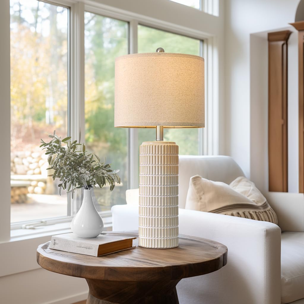 PoKat Ceramic Tall Table Lamps Set of 2, 27.5'' Beige and White Bedside Lighting for Living Room and Bedroom