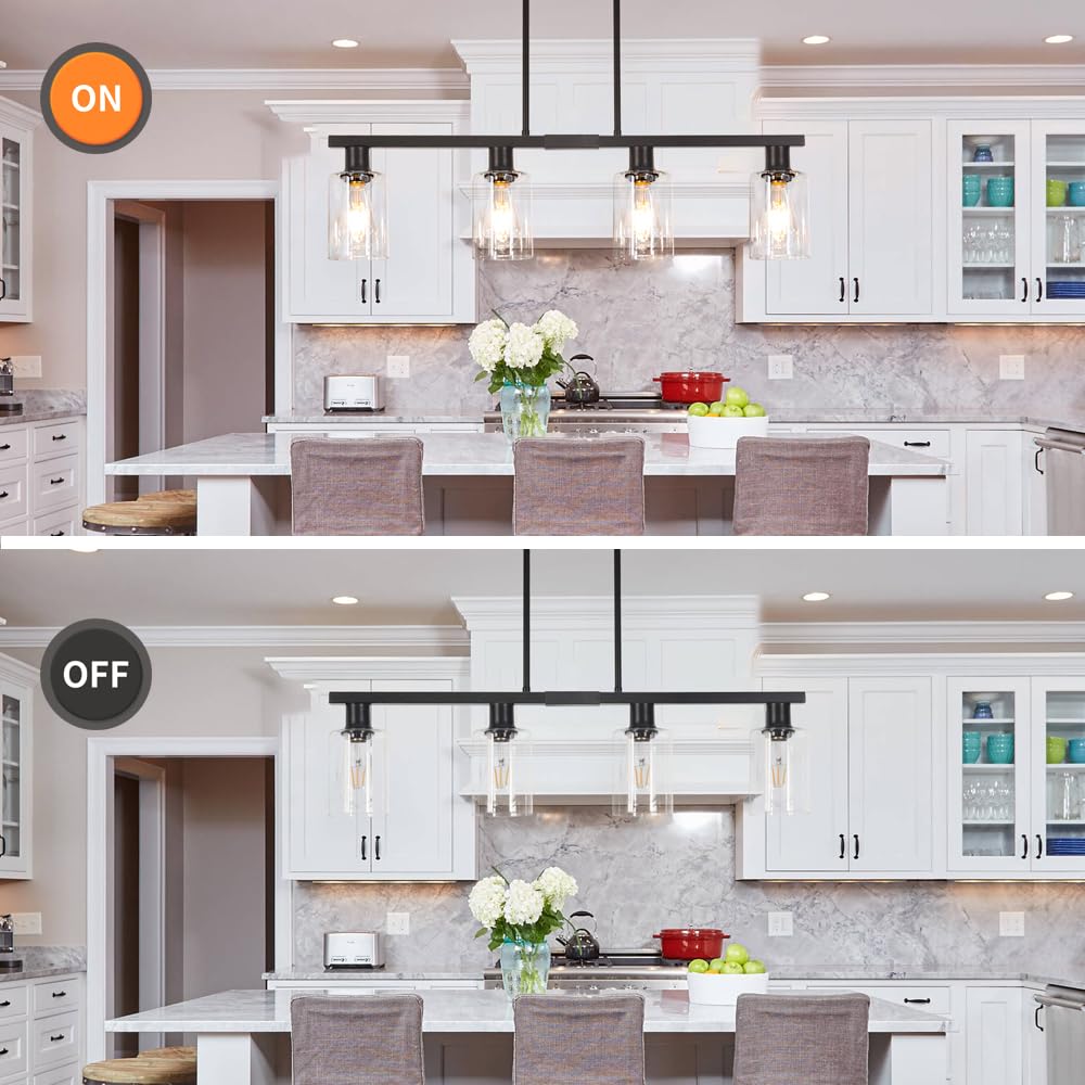 4-Light Kitchen Island Lighting  Black Farmhouse Chandelier With Adjustable Height & Clear Glass Shades  Linear Hanging Dining Room Light Fixture Over Table Bar  Simplicity Island Lights For Kitchen