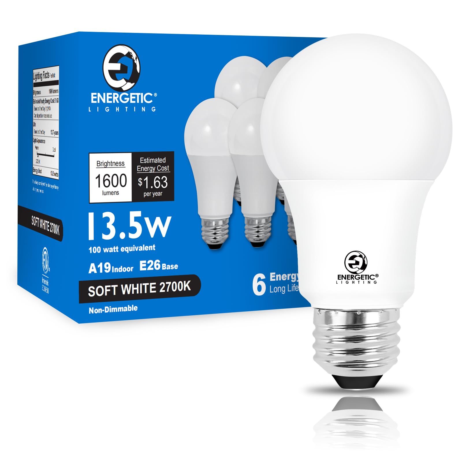 E Energetic Lighting Led Bulbs 100 Watt Equivalent, Super Brightness 1600Lm Soft White 2700K, Non-Dimmable A19 Led Bulb, E26 Sta