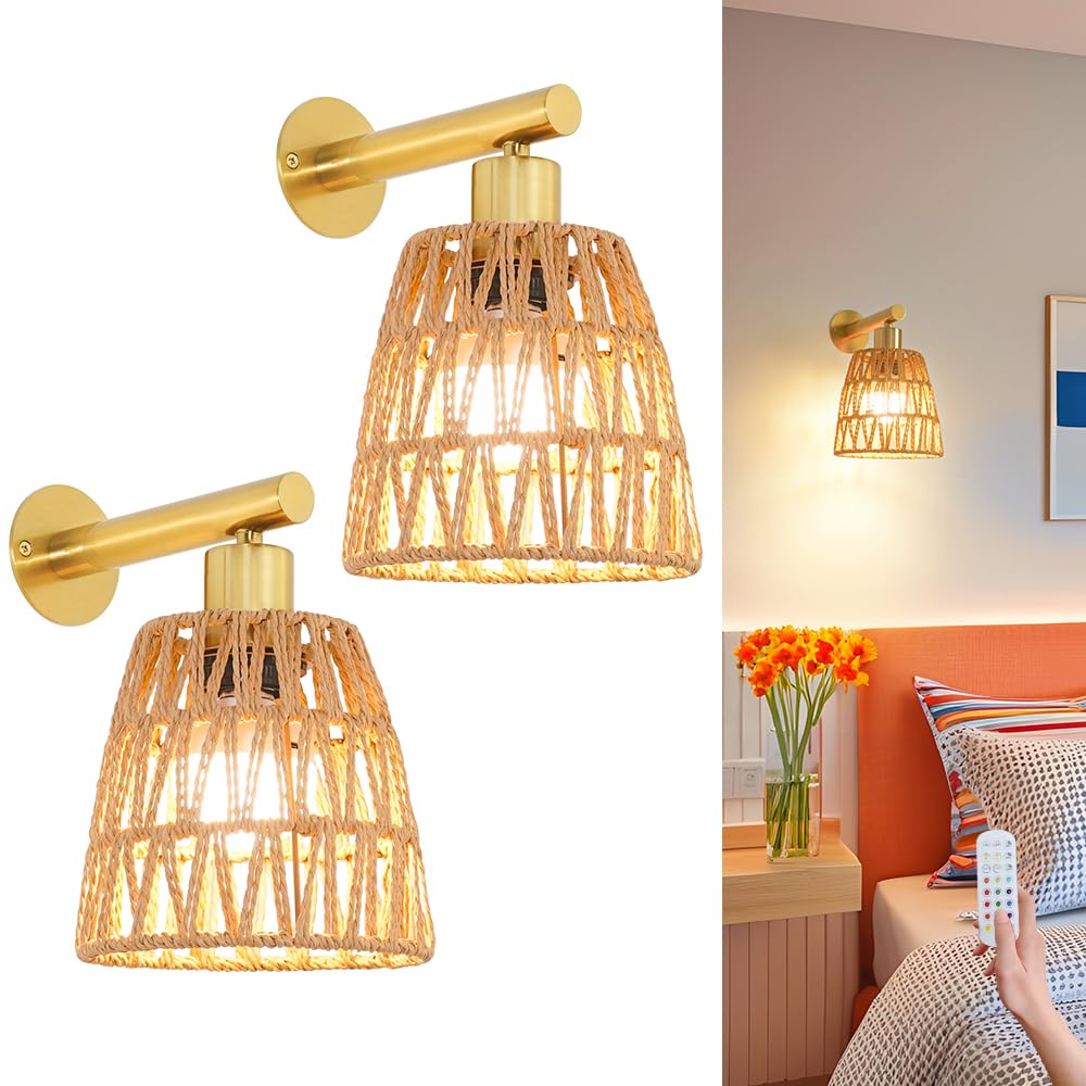 OIYIO Battery Operated Wall Sconce Set of 2, USB Rechargeable, Dimmable Bulbs, RGB Colors, Gold, Model DX23067W1-BS-2