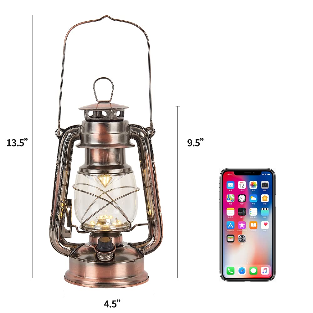 Rechargeable Vintage Hurricane Lantern, Warm White Battery Operated Lantern With Dimmable Switch, 15 Leds Metal Hanging Lantern