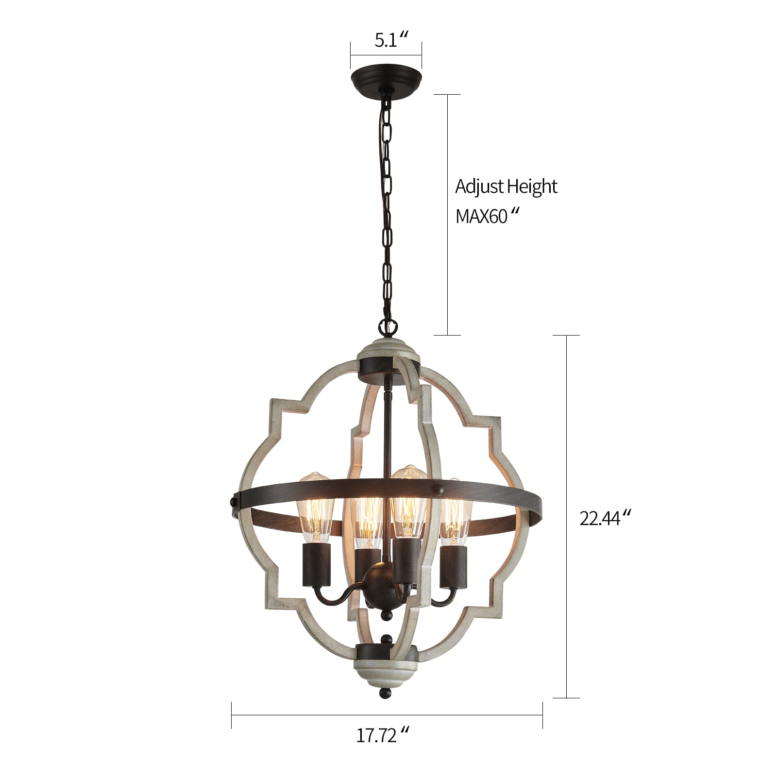 Meixisue Rustic Farmhouse Chandelier,Orb+Oak Finish,4-Light Vintage Antique Chandeliers Pendant Light Fixtures For Kitchen Dinin