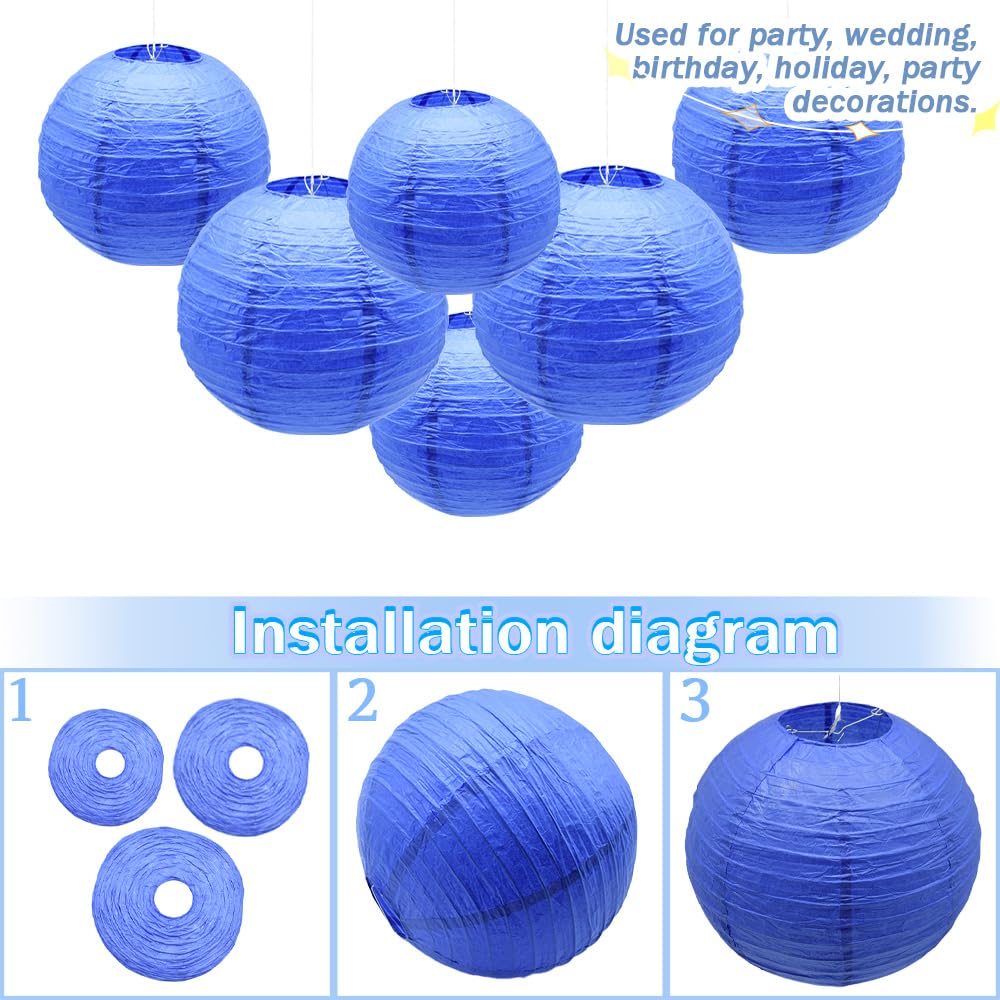 Yosawa 6 Pcs Paper Lanterns, Decorative Hanging Lanterns, 8” 10” 12”, Sapphire Blue, Ideal for Party, Wedding, Halloween, Christmas, Home Decor