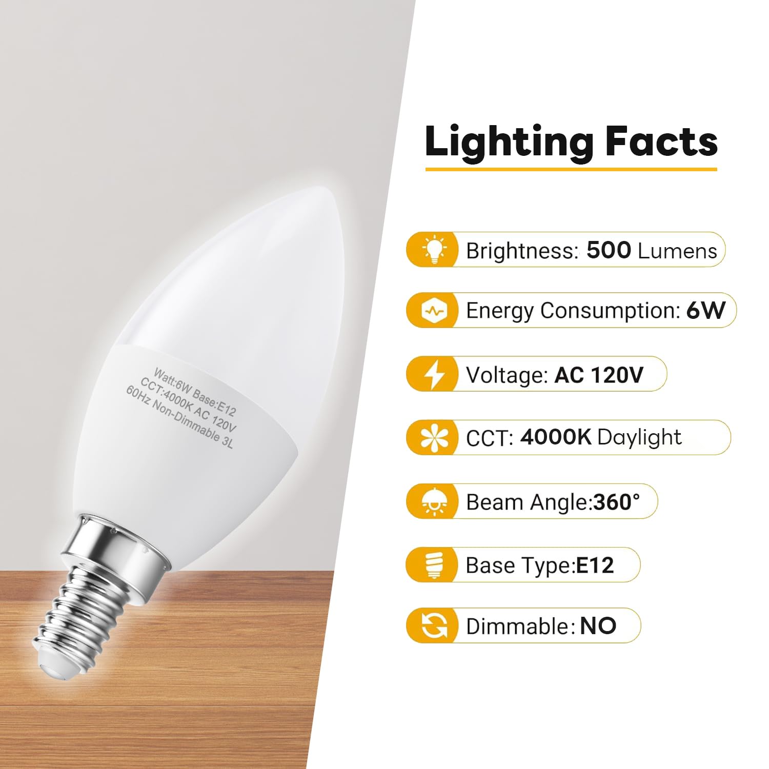 Hengbo Led E12 Led Candelabra Bulbs, 60W Equivalent E12 Light Bulbs, C37 Candle Base Chandelier Light Bulbs, Daylight 4000K, Non