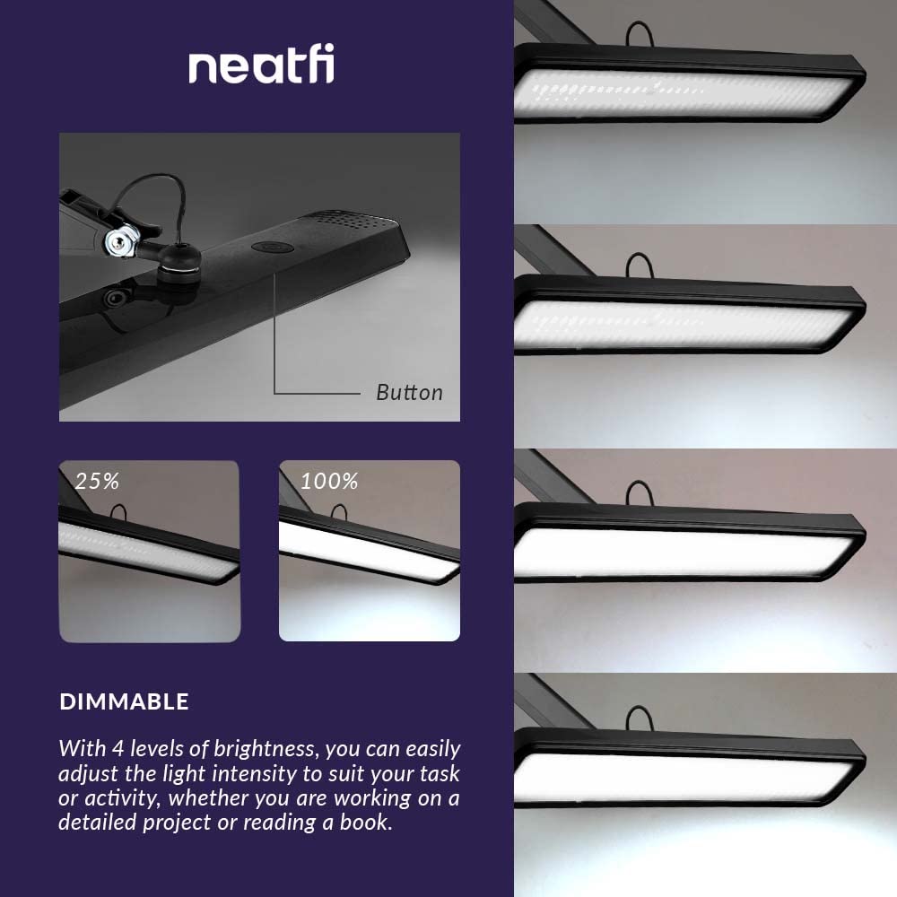 Neatfi LED Task Lamp, 2500 Lumens, 30W, 22" Wide, Eye-Caring, Black, Model 9505LED-30-C, Perfect for Home/
