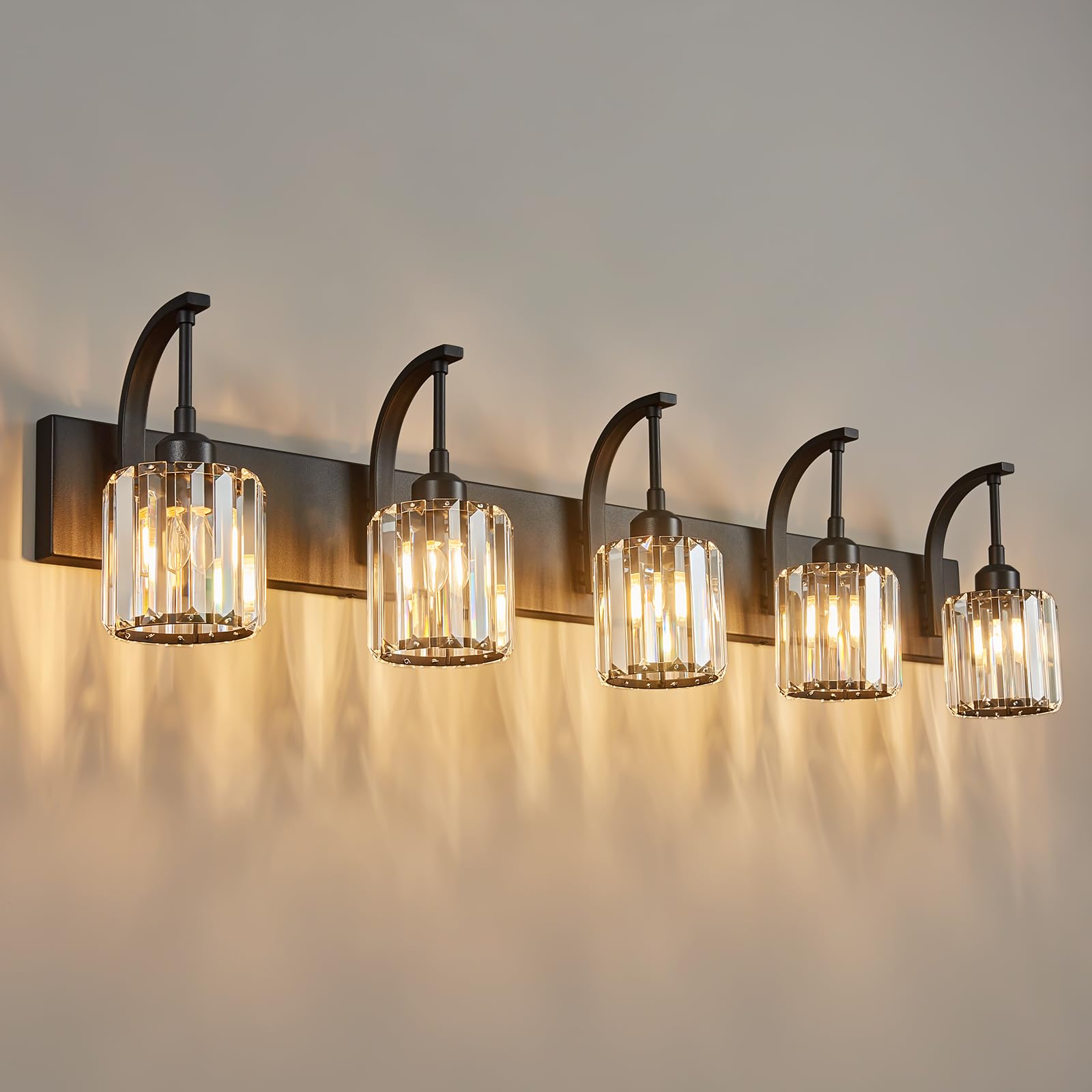 Fdpby 5-Light Crystal Vanity Light  Modern Black Bathroom Wall Sconce With K9 Crystal Shades  42.51 Long Over Mirror Lighting For Vanity  Makeup  Hallway  Elegant & Easy Installation