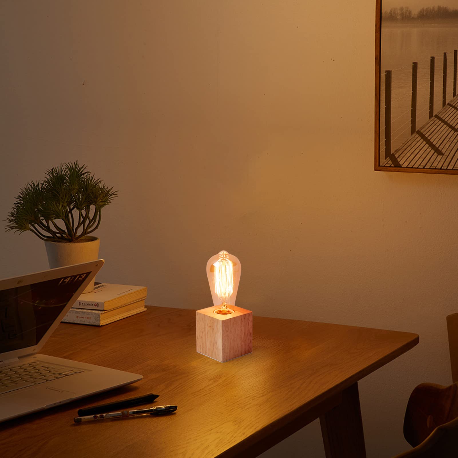 OuXean Vintage Table Lamp - Small Wooden Base Night Light for Bedroom & Living Room, Square Design, E26 60W, Antique Decor