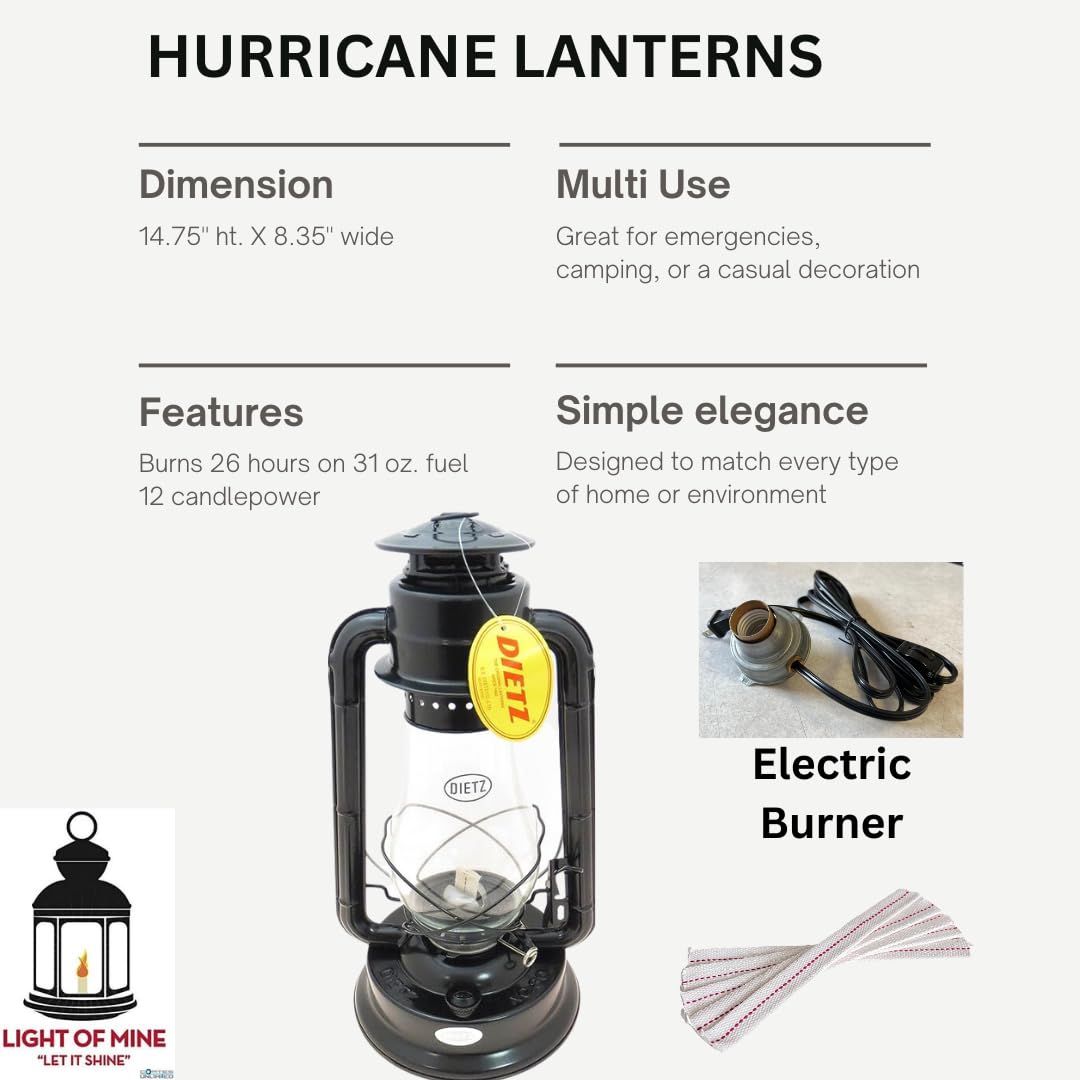 Light of Mine - Dietz #80 Blizzard Oil Lantern with 7/8 Replacement Wick Strips (Black with Electric Conversion Kit)