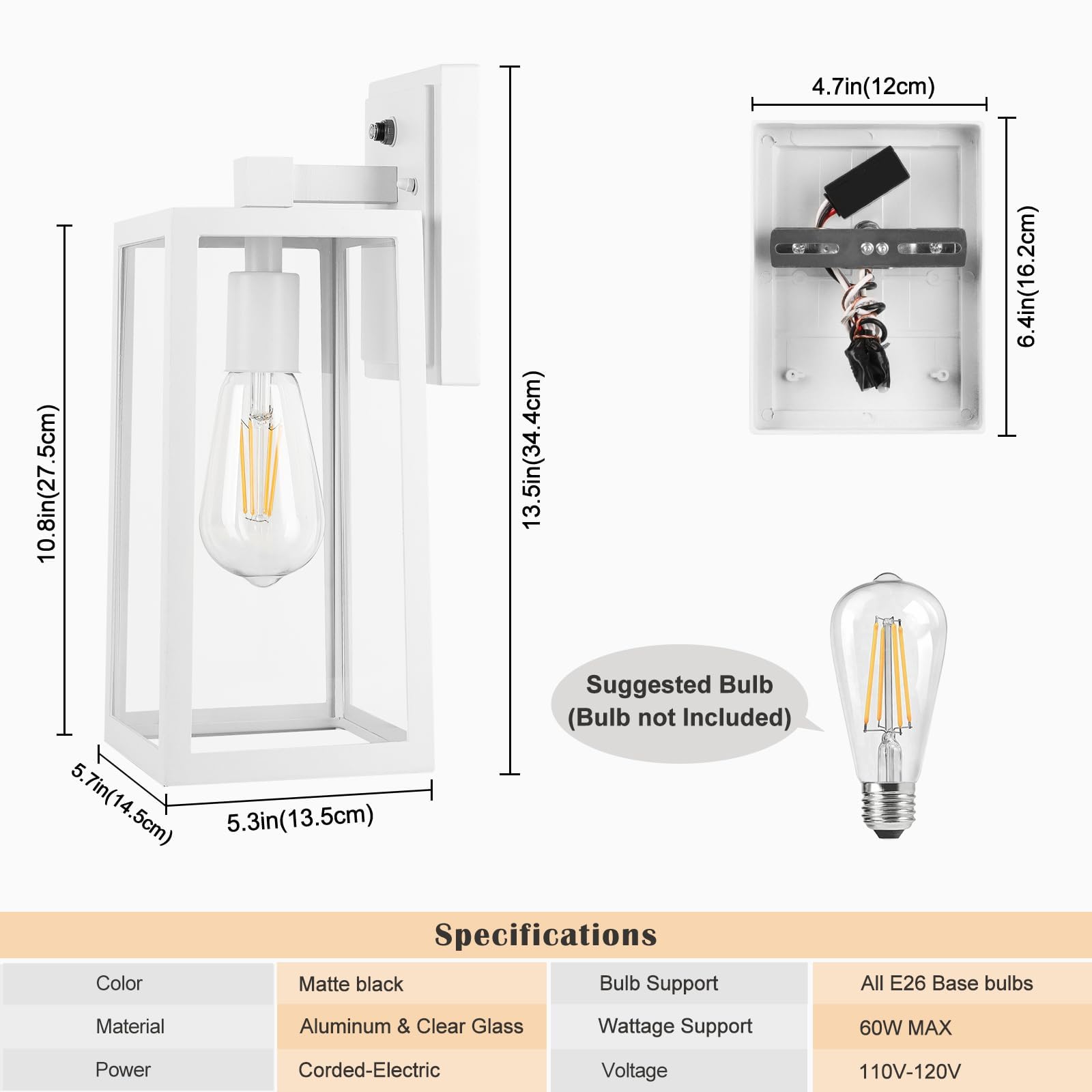 PARTPHONER Outdoor Wall Lights, Waterproof Aluminium & Glass Sconce Lamp, 2-Pack, White, Model QGBD-W