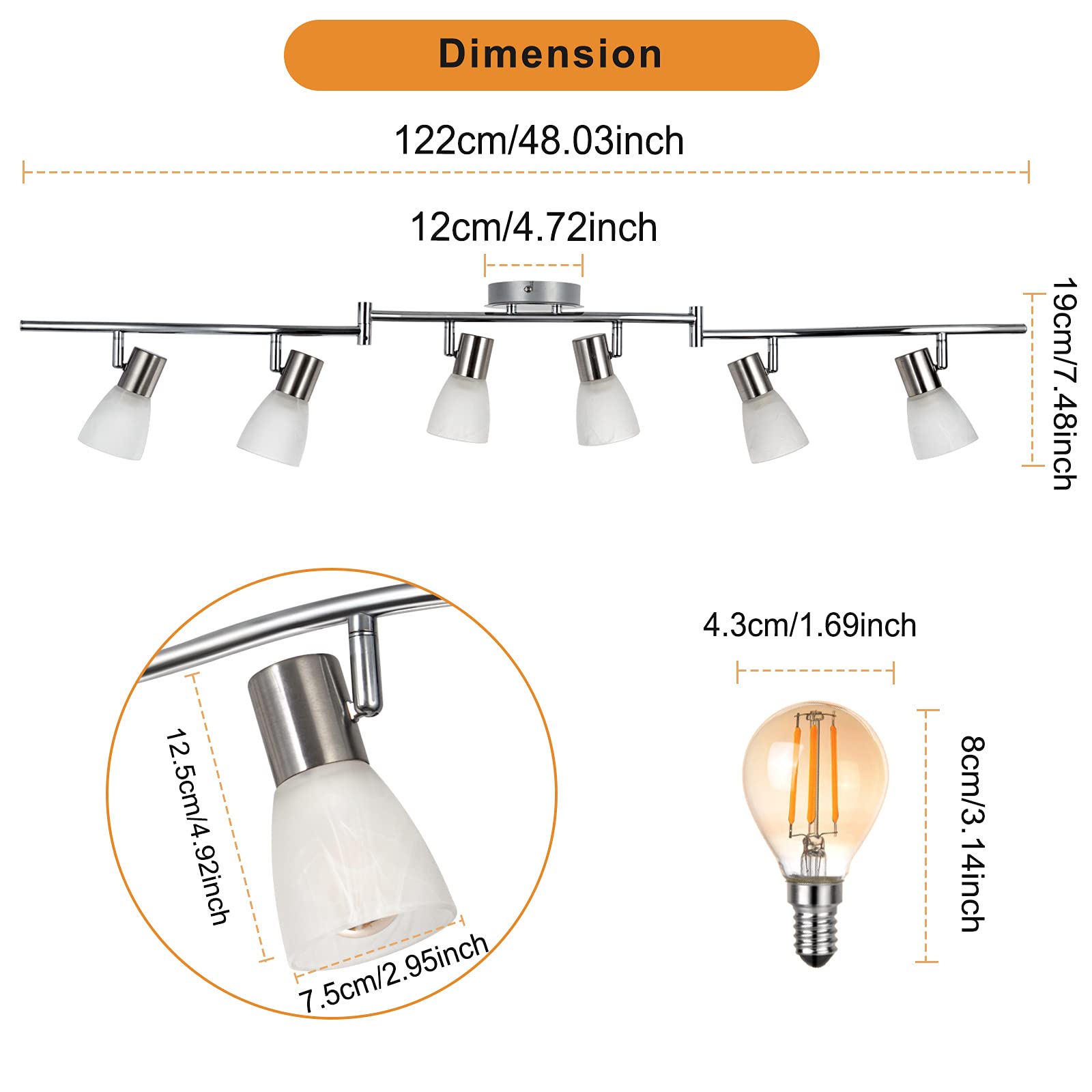 HiBay 6-Light Adjustable LED Track Lighting Fixture, Modern Metal Spotlight with Glass Shade, E12 Base, Kitchen & Living Room, No Bulbs Included
