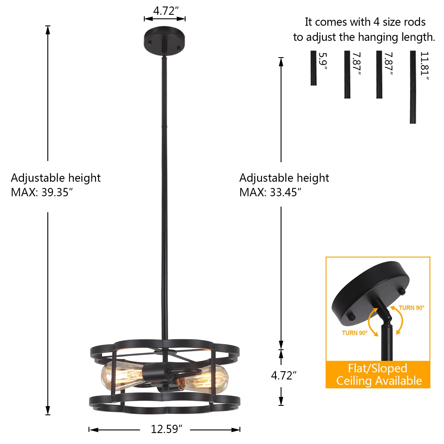 Semi Flush Mount Ceiling Light, Sloped Ceilings Lights Fixtures, Black Farmhouse Flower 2-Light Chandelier, Adjustable Height Me