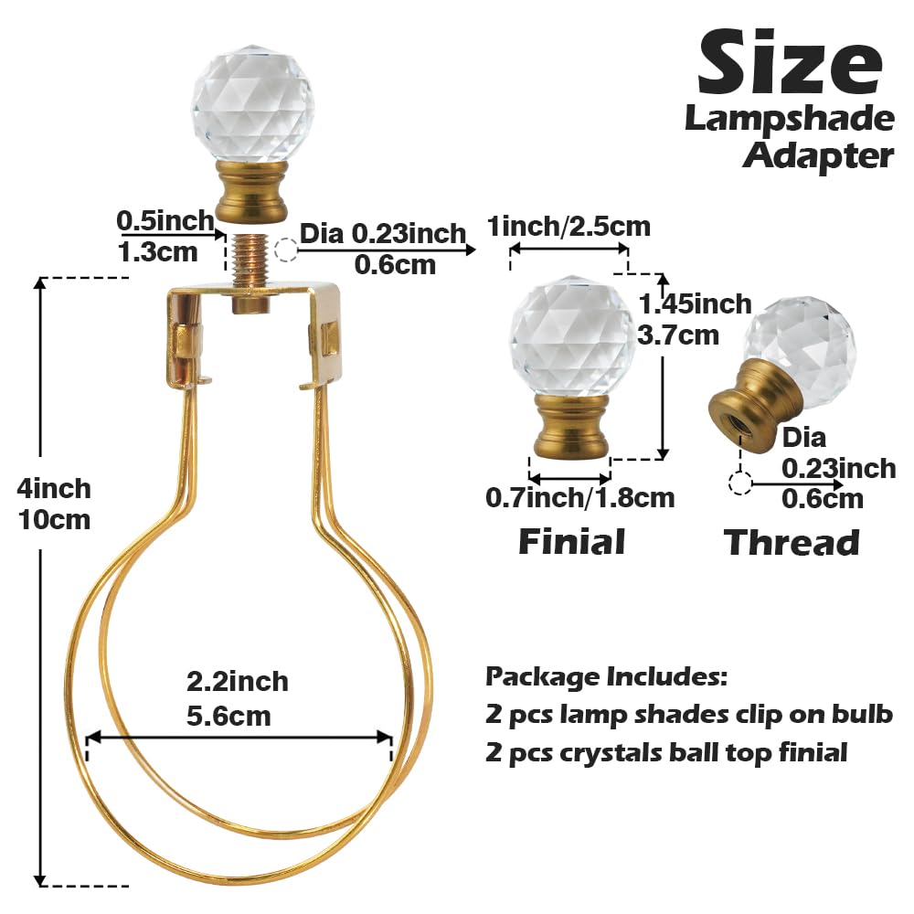 Asjeumt 2 Pieces Lamp Shade Light Bulb Clip Adapter Kit, Antique Gold Lampshade Holder With Crystals Top Finial, No Harp Require