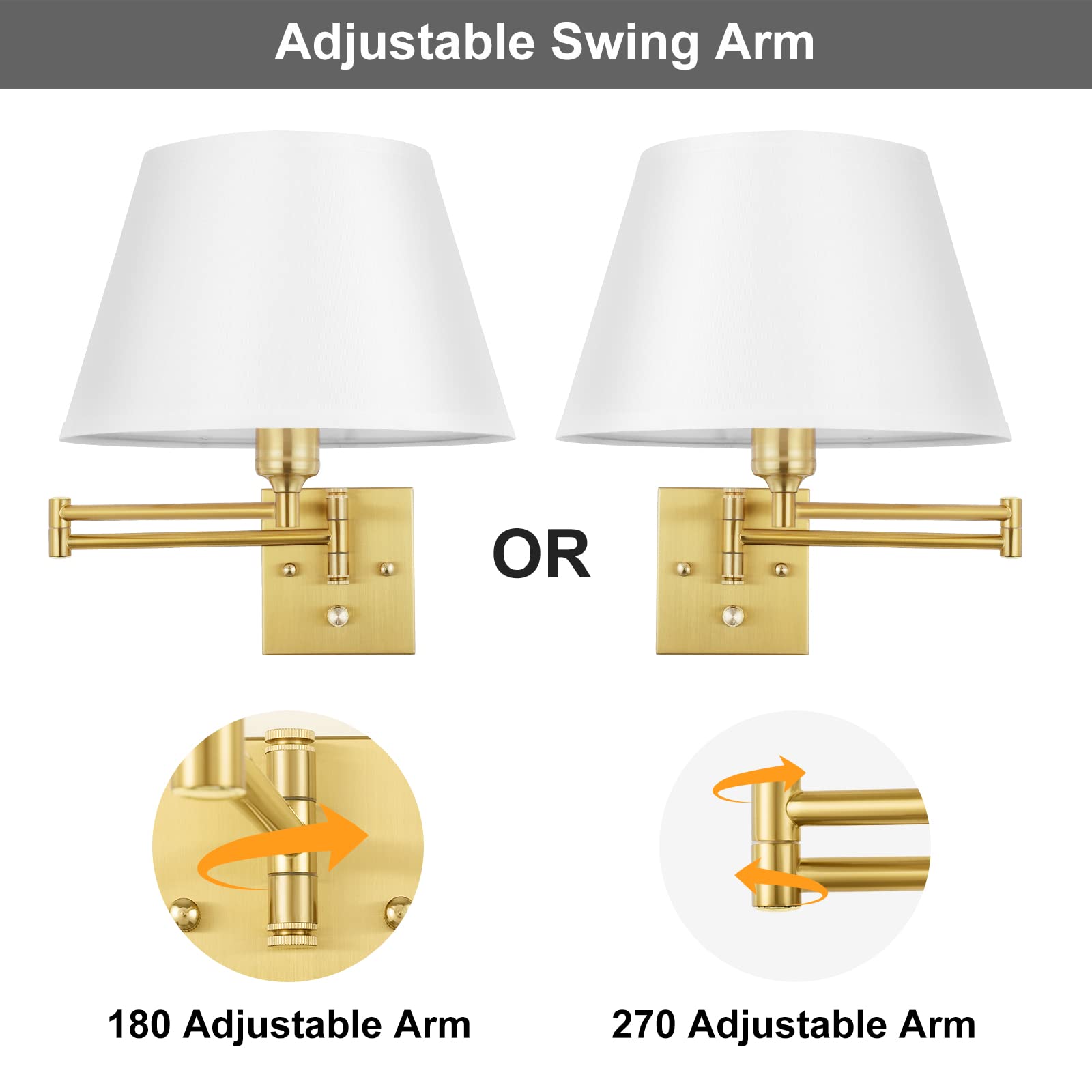 TRLIFE Dimmable Wall Sconce Set of 2, Brushed Brass, Large White Fabric Shade, Metal, Model BYsconce-L-Gol, Plug-in with Dimmer