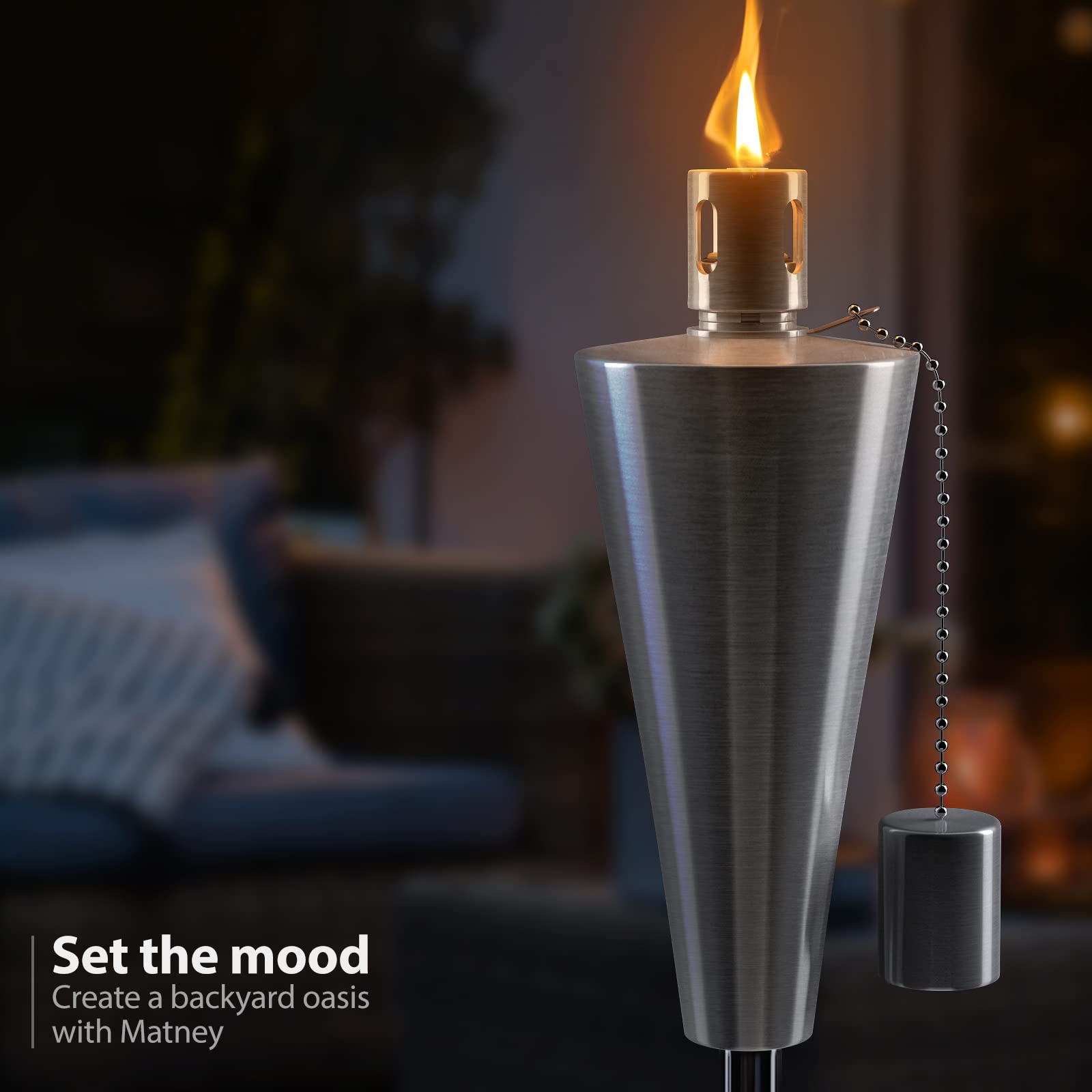 Matney Stainless Steel Tiki Torches Set of 4 - 5 ft Outdoor Oil Lamp with Fiberglass Wick & Snuffer Cap for Garden & Patio