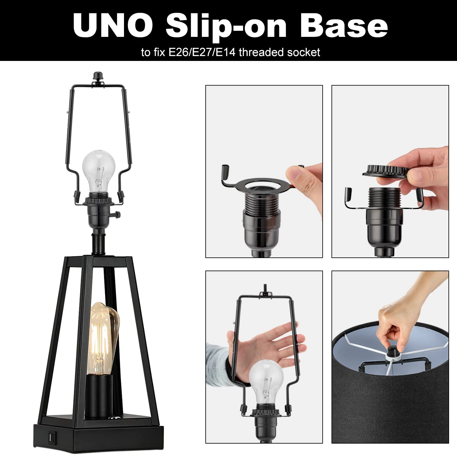Qc Lamp Shade Harp Kit - Adjustable 7-10 Inch, Black, Includes Frame & Finials, E14 E26 E27 UNO Fitter Adapter