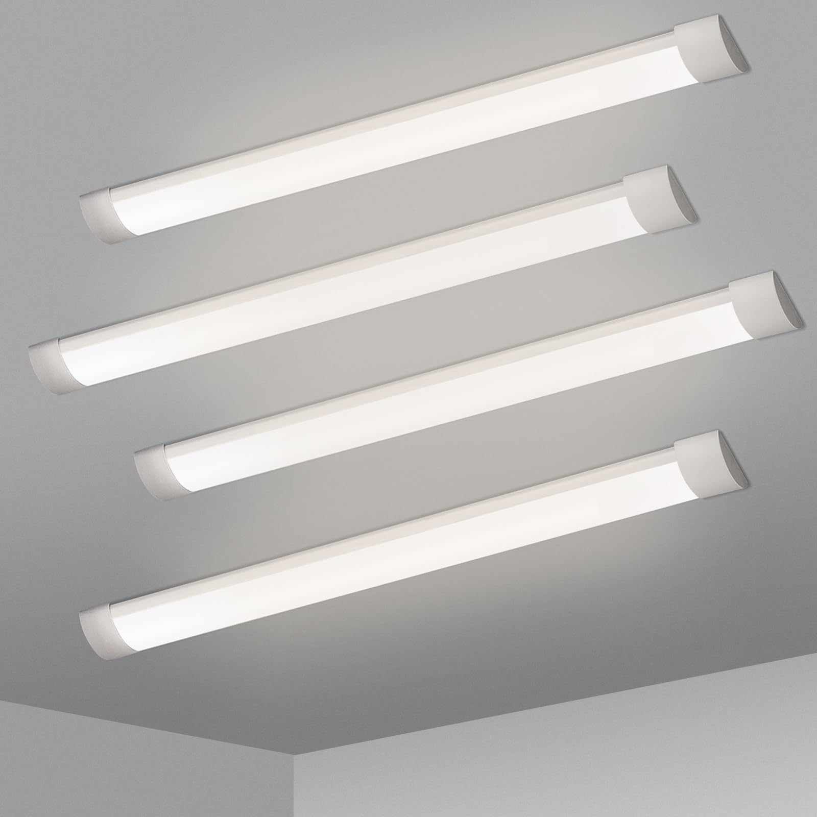 KILIPOL 2FT LED Batten Light, 20W 4000K Neutral White, Slim Ceiling Surface Mounted, 4 Packs, Plastic