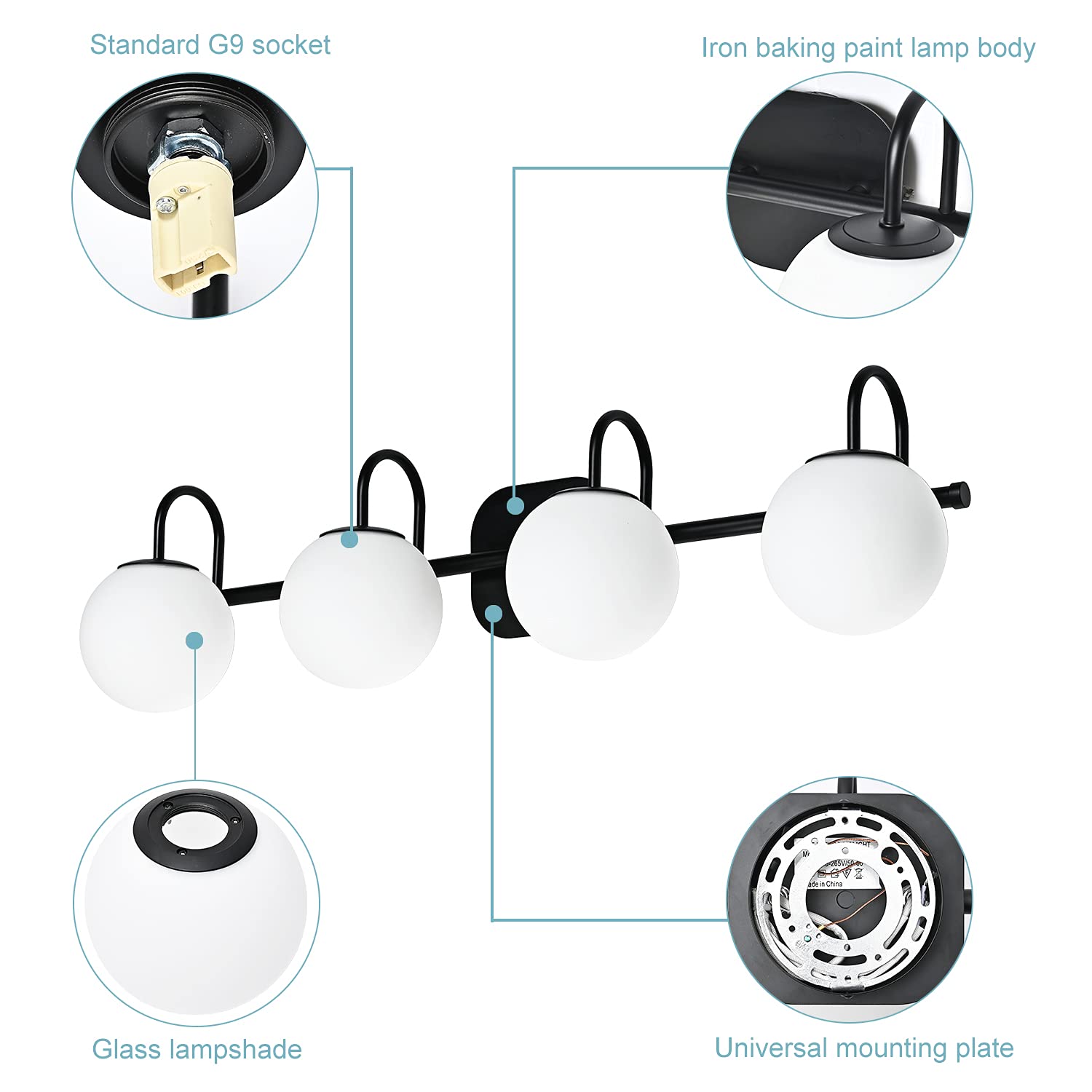 Zhuoer Vintage Bathroom Light Fixtures 4-Lights Black Mid Century Vanity Lights With Milk White Glass Globe Shade Vintage Wall Sconces Lighting Bath Vanity Lights Bar Over Mirror(Exclude G9 Bulb)