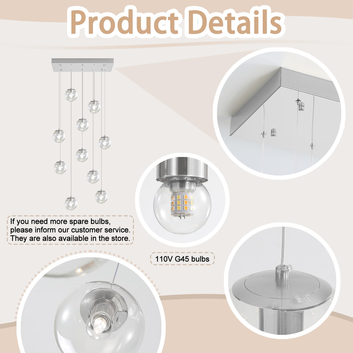 Ykolupty Rectangle Chandelier 10-Light Clear Glass Ball Chandelier Dimmable Pendant Lights Large Chandeliers For High Ceilings,