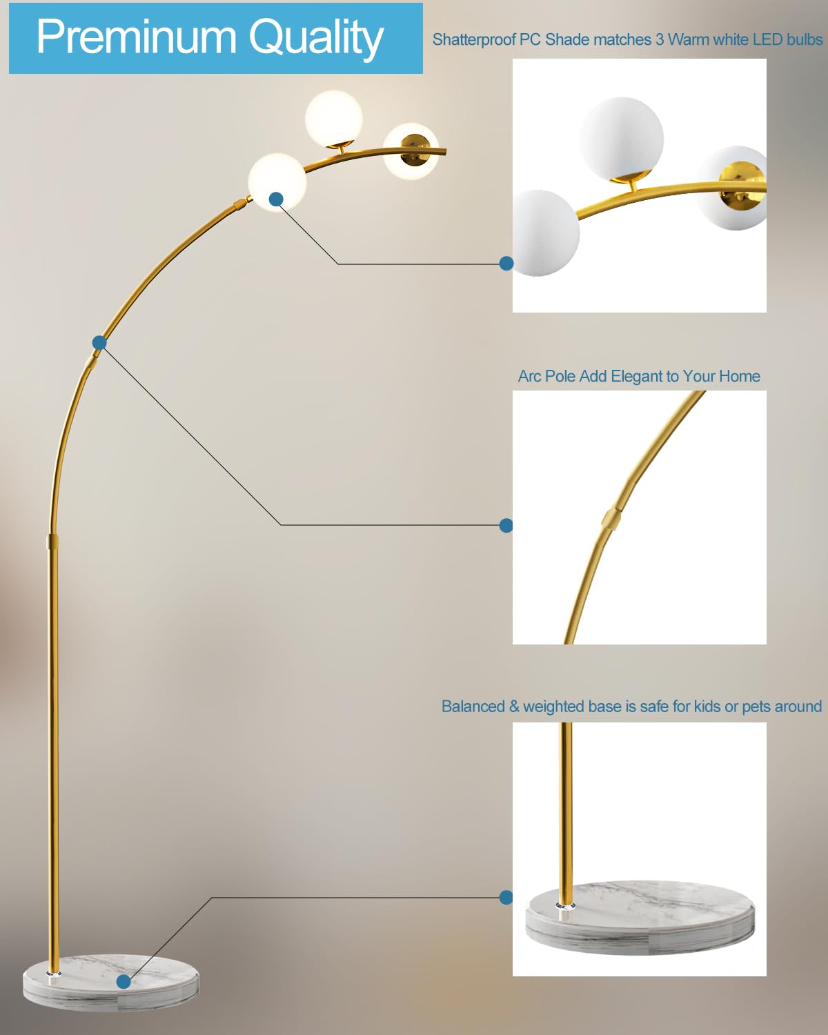 Lightdot Modern Floor Lamp - 3 Globe Gold Arc, Metal, Mid Century Design, LFLL-81, Shatterproof Shade & Bulbs Included